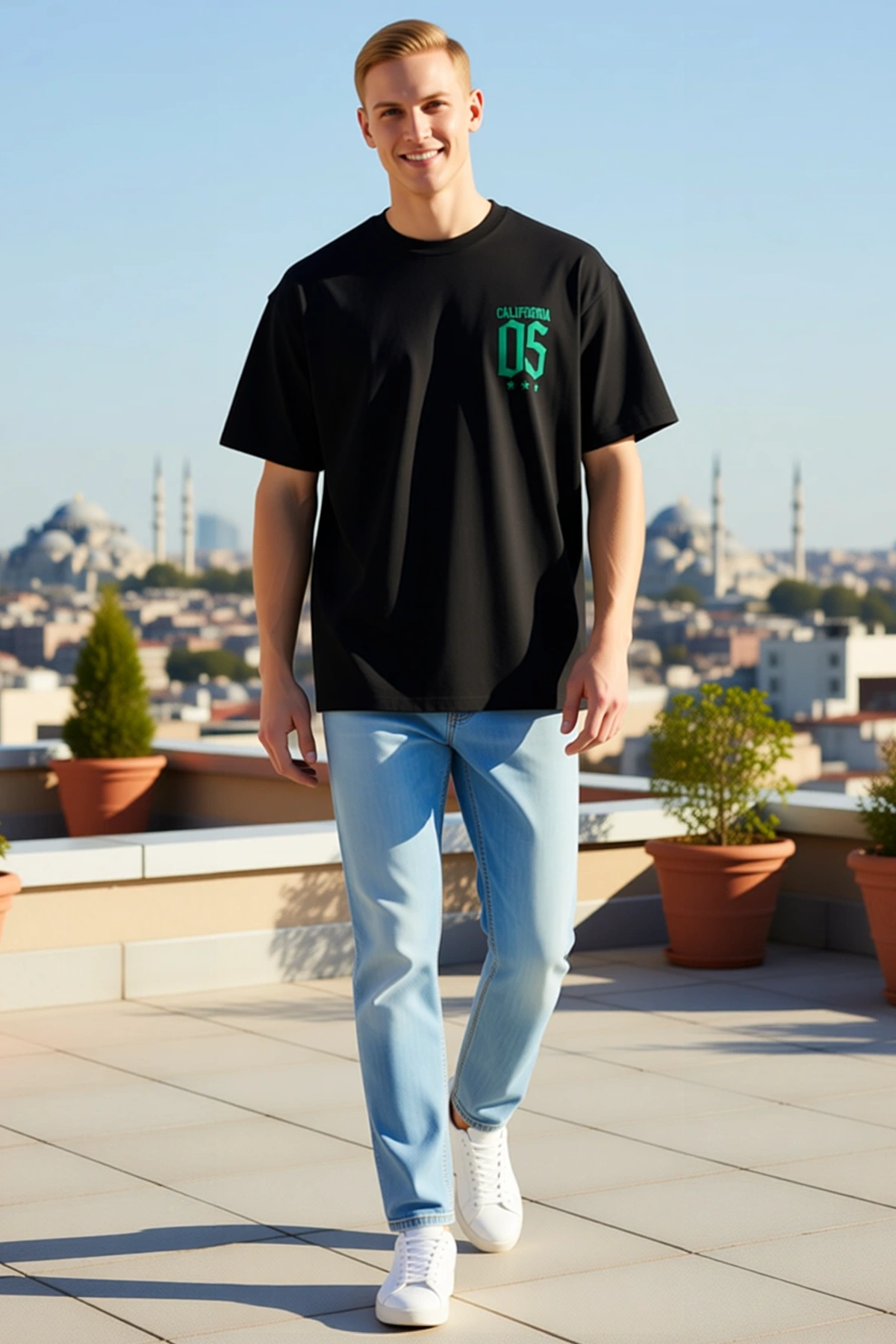 Erkek Üst Göğüs Yıldızlı Rakam Baskılı Bisiklet Yaka Kısa Kollu Bol Kesim Günlük Rahat Tişört Modeli
