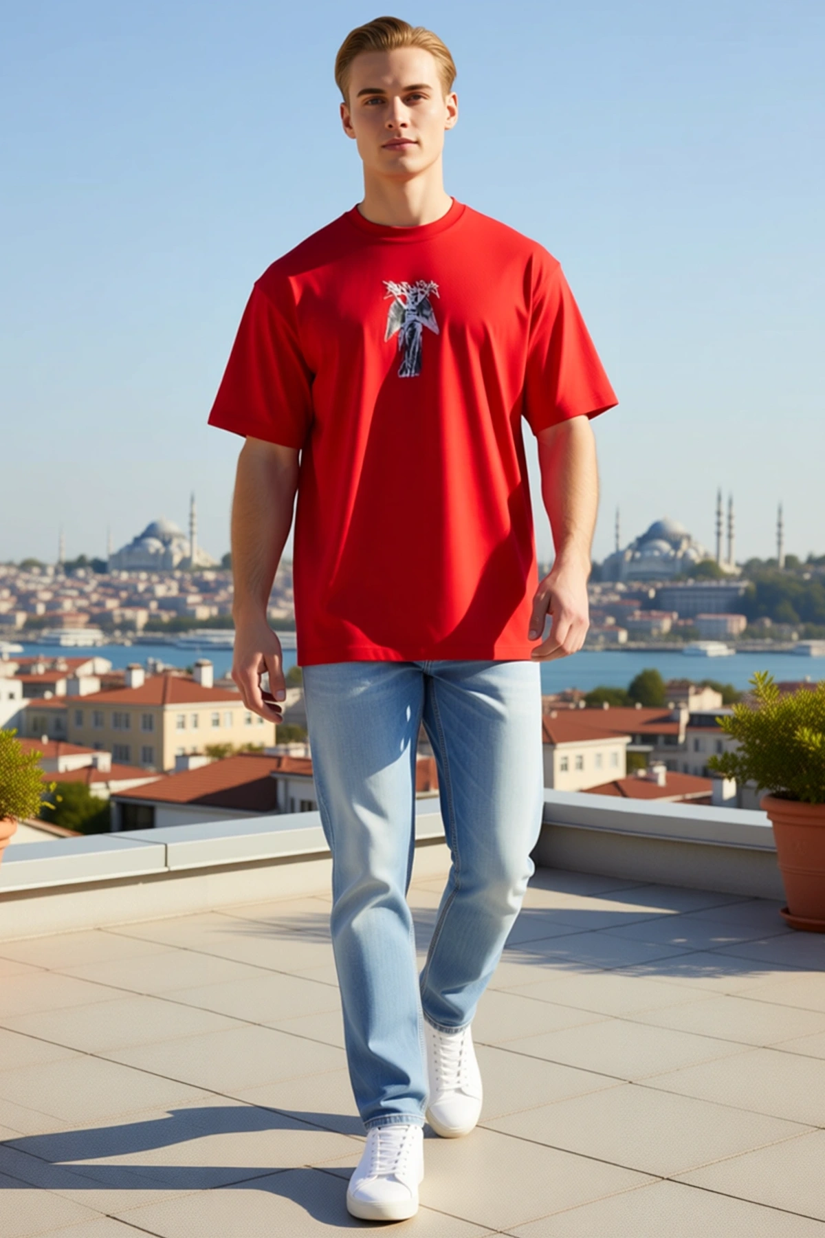 Erkek Bol Kesim Bisiklet Yaka Kısa Kollu Göğüs Ortası Kanatlı Figür Grafik Baskılı Günlük Tişört
