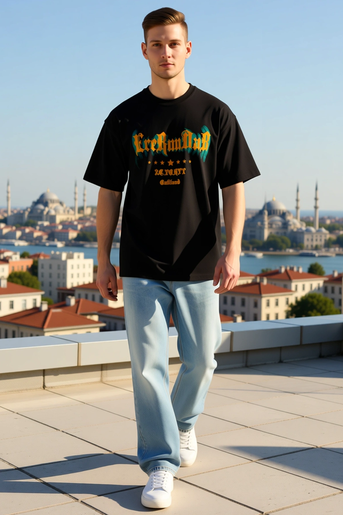 Erkek Gotik Yazı Yıldız Süslemeli Ön Baskılı Bisiklet Yaka Kısa Kollu Tişört Rahat Kalıp Günlük