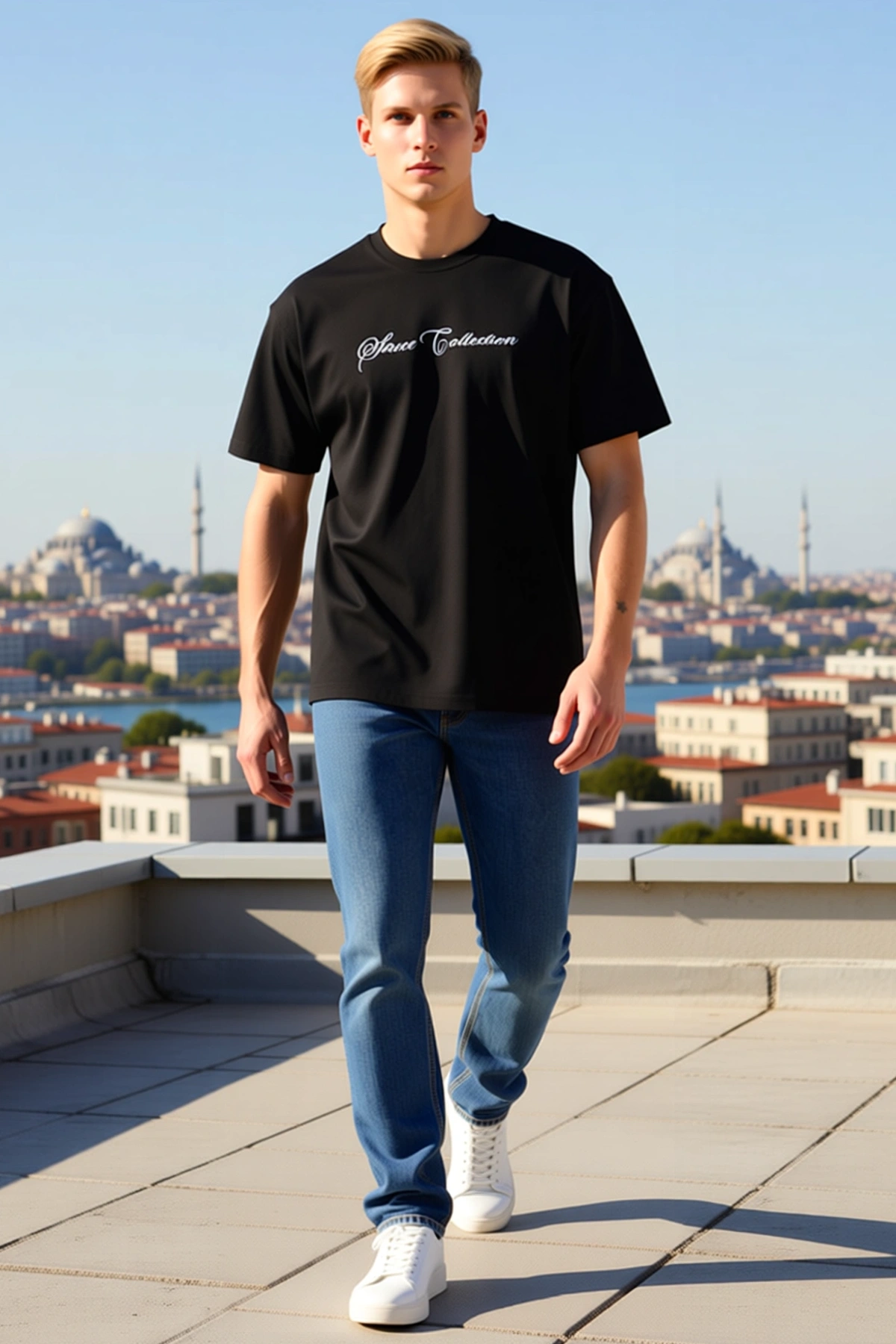 Erkek Göğüs Üstü El Yazısı Baskılı Bisiklet Yaka Kısa Kollu Tişört Düşük Omuz Rahat Kalıp Günlük