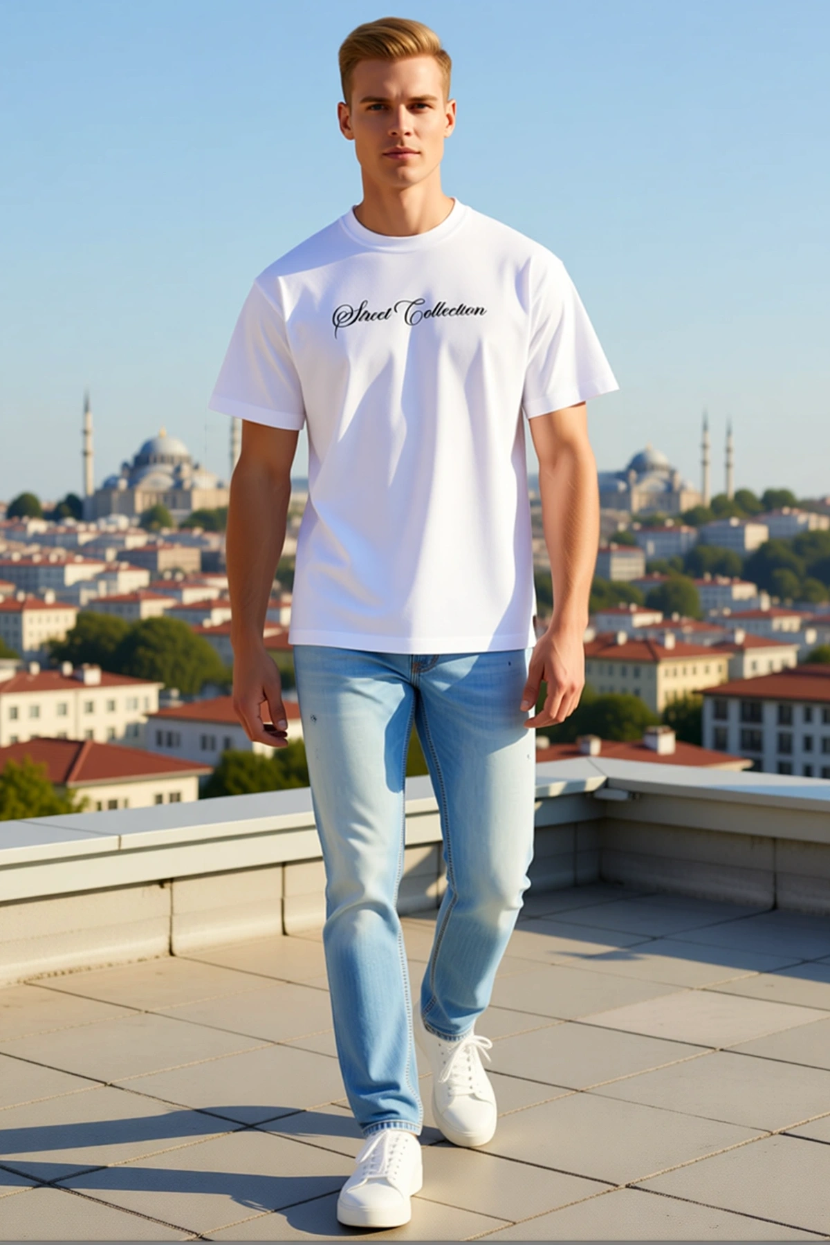 Erkek Kaligrafi Yazılı Önü Sade Baskılı Bisiklet Yaka Kısa Kollu Tişört Regular Kalıp Günlük Modern