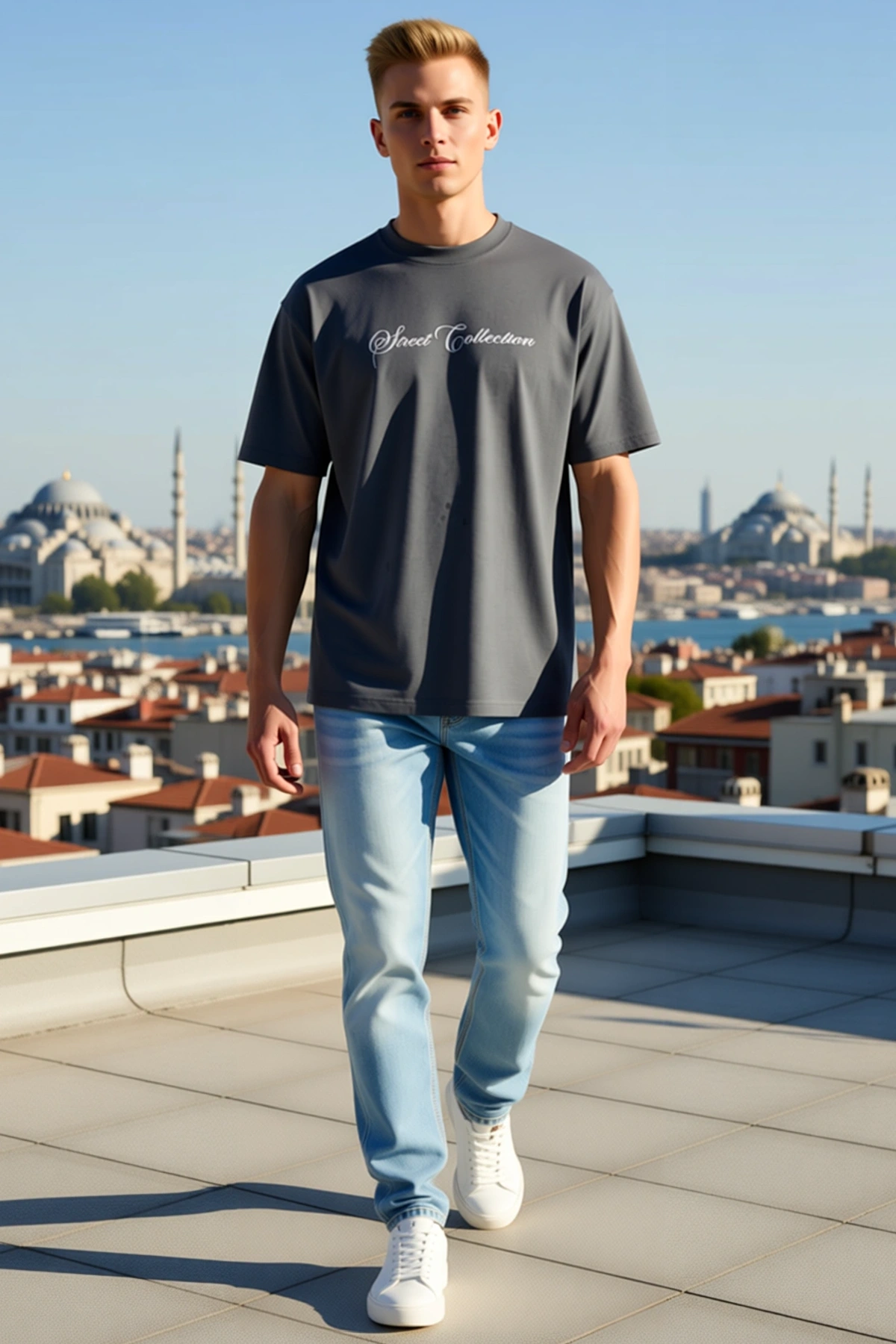Erkek Dekoratif Harf Baskılı Bisiklet Yaka Kısa Kollu Tişört Geniş Kesim Rahat Kalıp Günlük Modern