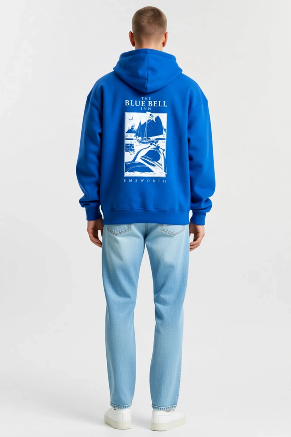 Erkek Kapüşonlu Double Oversize Üç İplik Pamuklu Yelkenli Gemi Baskılı Kanguru Cepli Sweatshirt