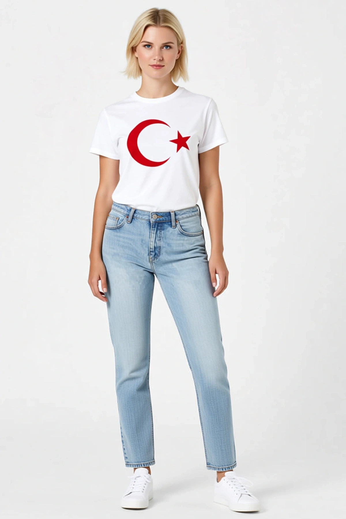 Kadın Kısa Kollu Bisiklet Yaka Ay Yıldız Baskılı Bayrak Temalı Basic Tişört Günlük Rahat Kesim Zarif