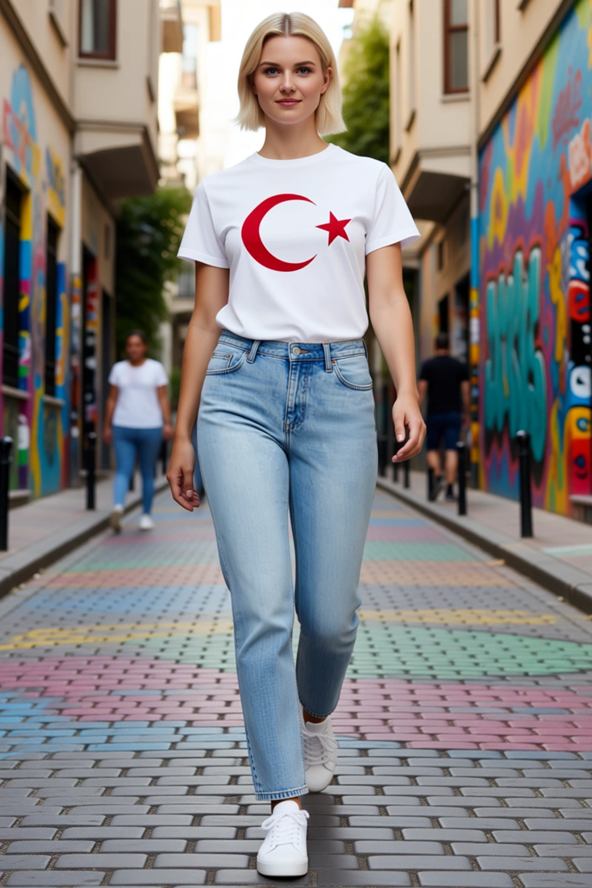 Kadın Kısa Kollu Bisiklet Yaka Ay Yıldız Baskılı Bayrak Temalı Basic Tişört Günlük Rahat Kesim Zarif