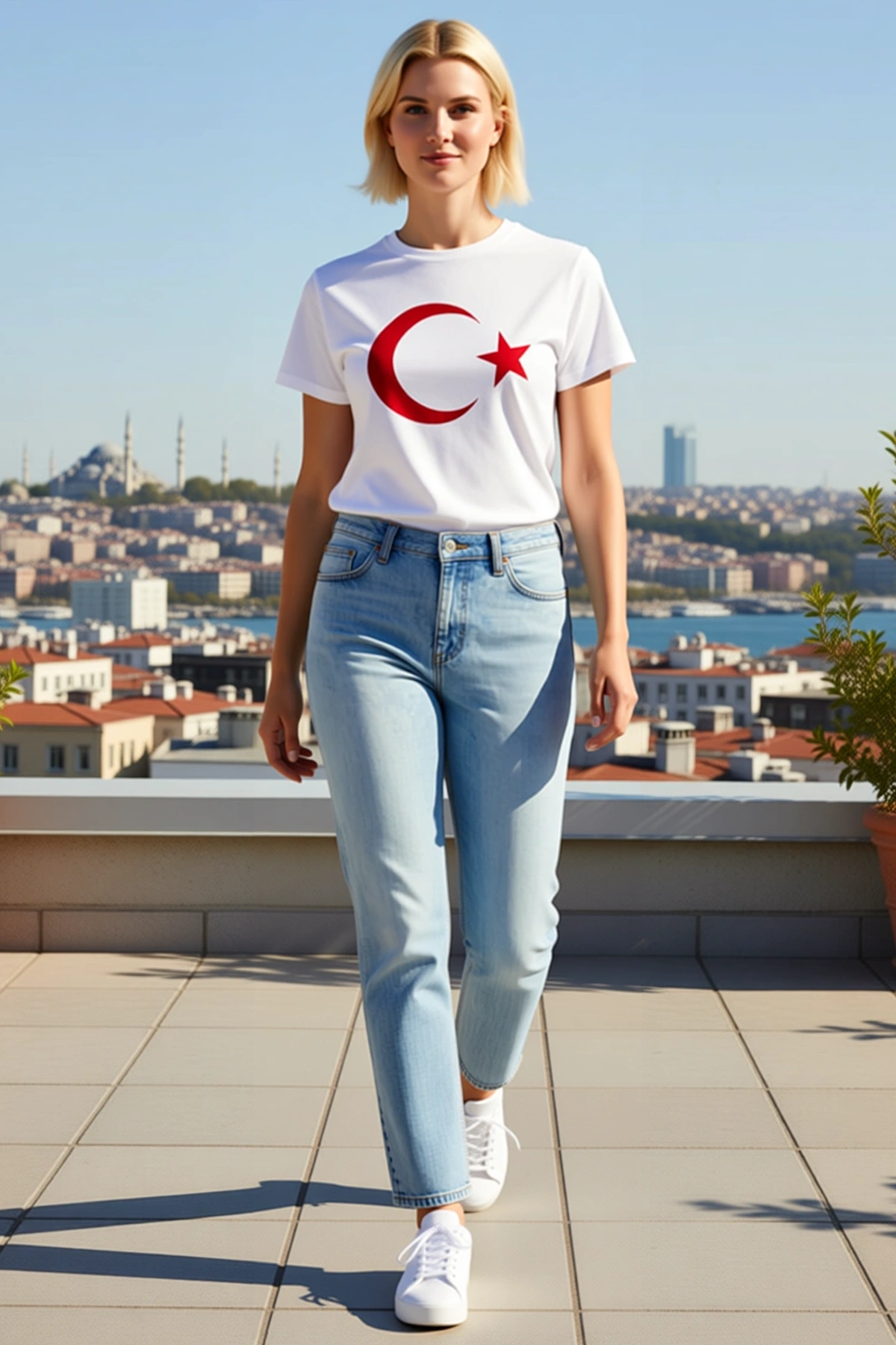 Kadın Kısa Kollu Bisiklet Yaka Ay Yıldız Baskılı Bayrak Temalı Basic Tişört Günlük Rahat Kesim Zarif