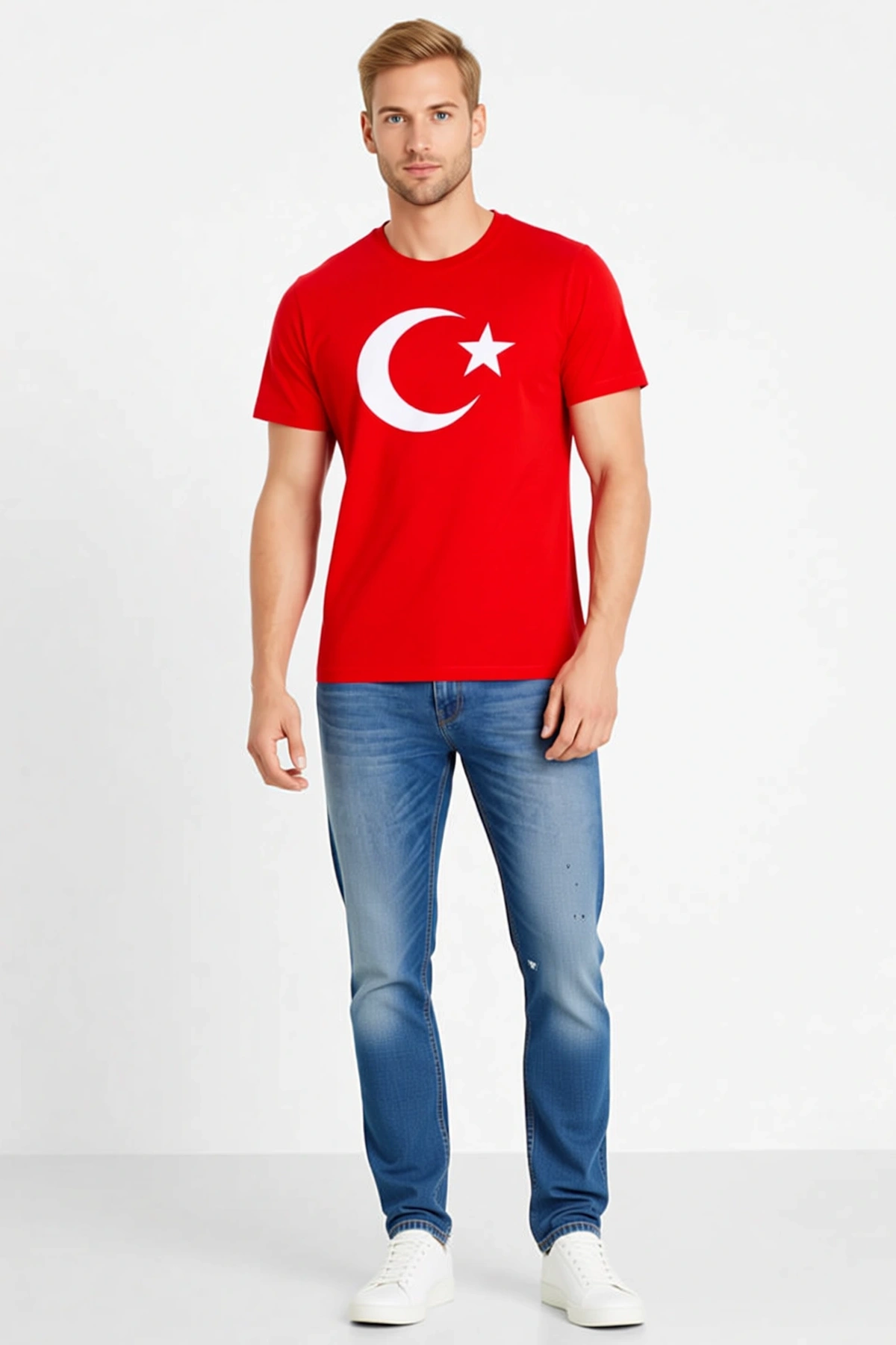 Erkek Kısa Kollu Bisiklet Yaka Ay Yıldız Bayrak Baskılı Tişört Rahat Kalıp Günlük Kullanıma Uygun