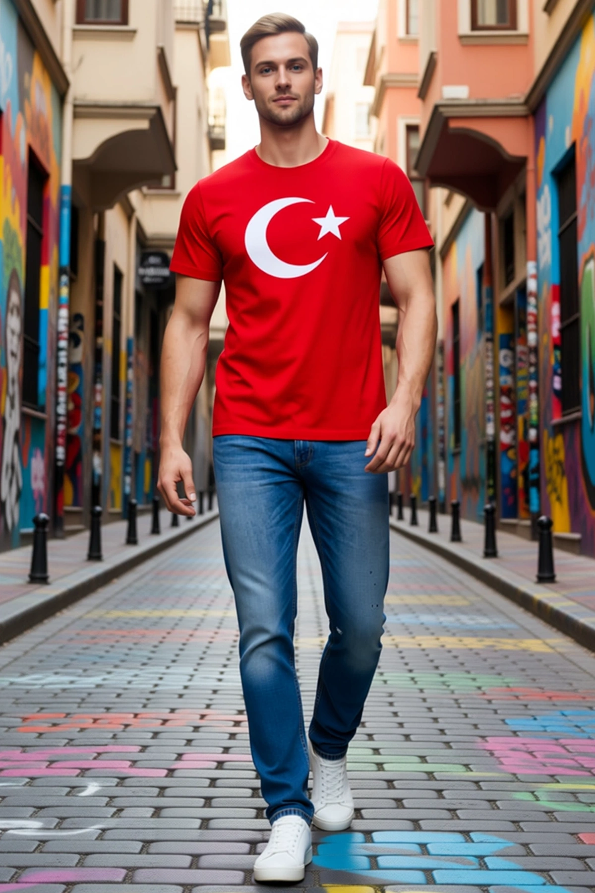 Erkek Kısa Kollu Bisiklet Yaka Ay Yıldız Bayrak Baskılı Tişört Rahat Kalıp Günlük Kullanıma Uygun