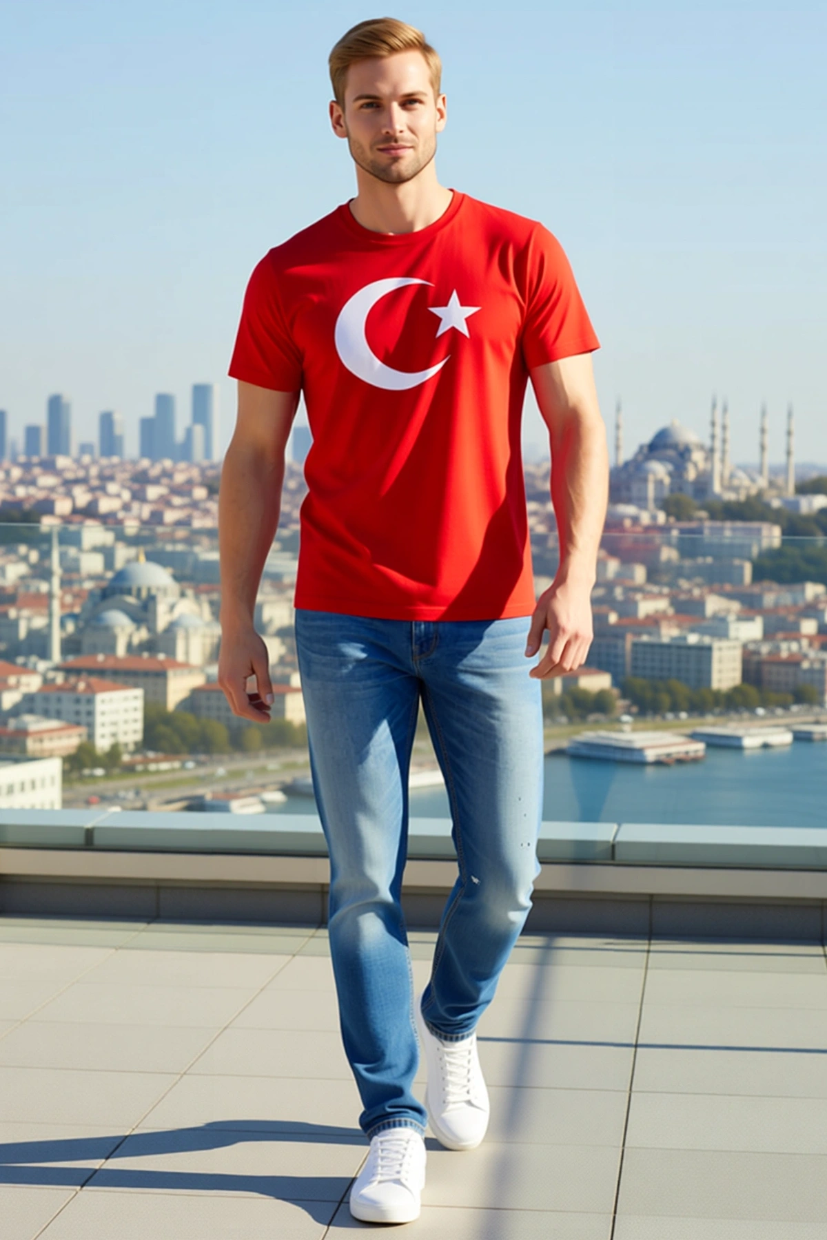 Erkek Kısa Kollu Bisiklet Yaka Ay Yıldız Bayrak Baskılı Tişört Rahat Kalıp Günlük Kullanıma Uygun