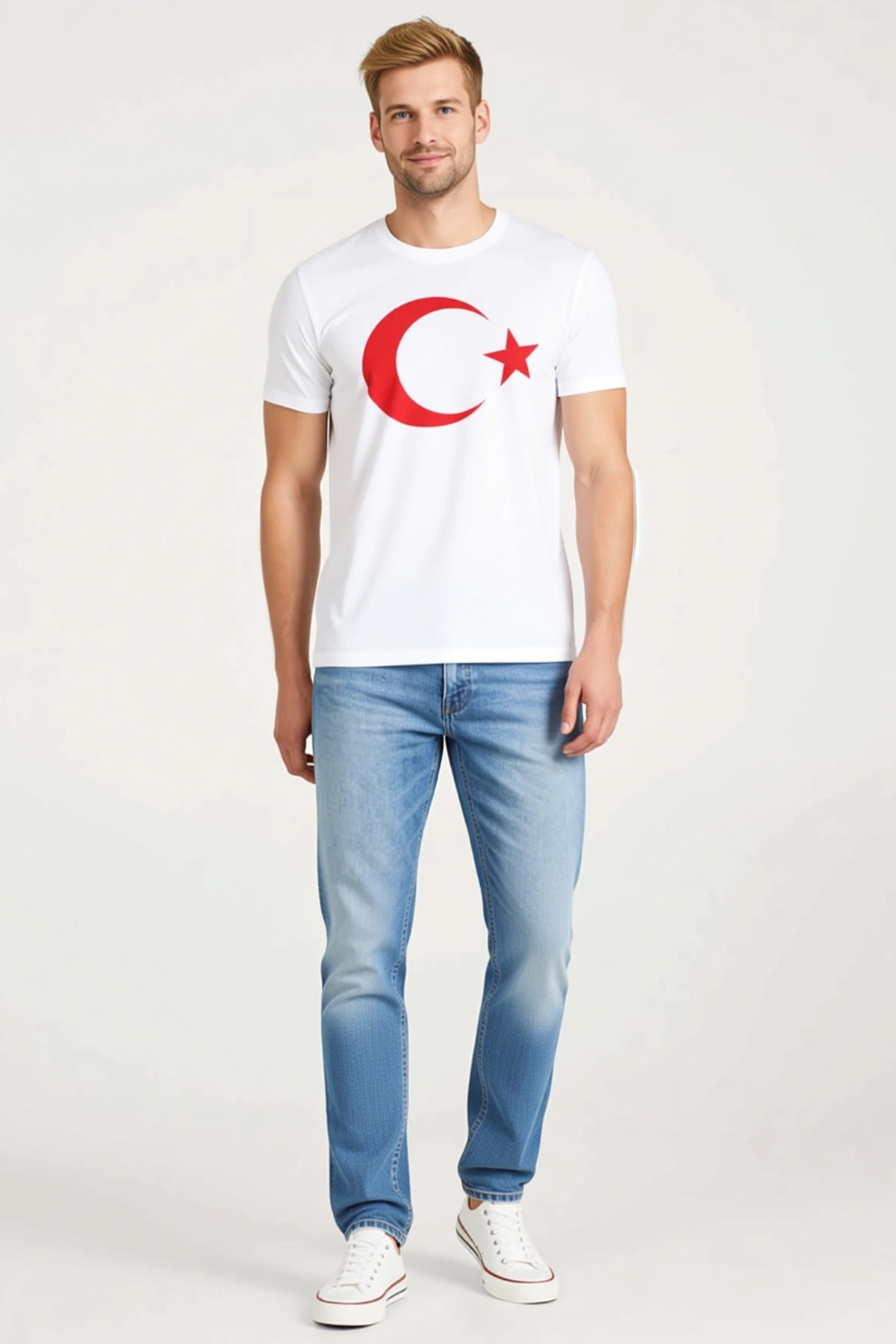 Erkek Bisiklet Yaka Kısa Kollu Ay Yıldız Bayrak Baskılı Tişört Günlük Rahat Kalıp Modern Görünüm