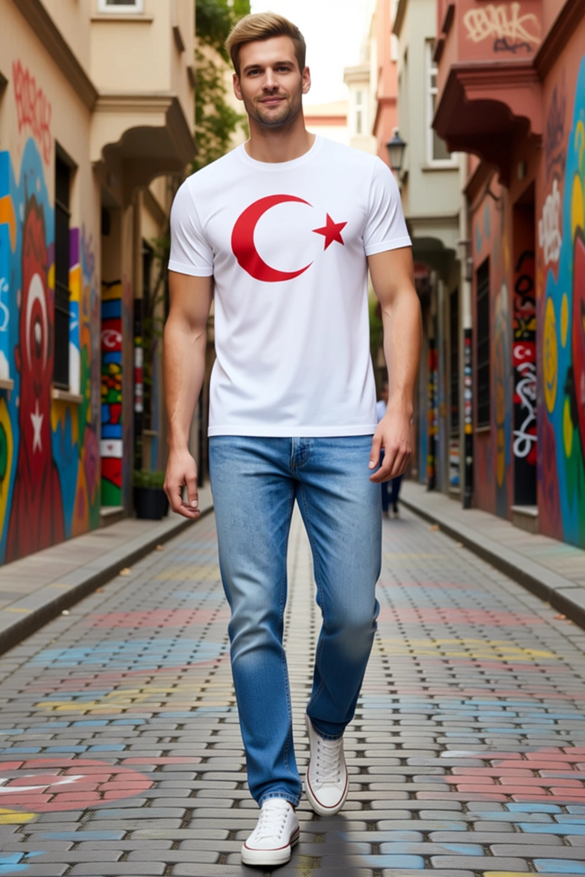 Erkek Bisiklet Yaka Kısa Kollu Ay Yıldız Bayrak Baskılı Tişört Günlük Rahat Kalıp Modern Görünüm