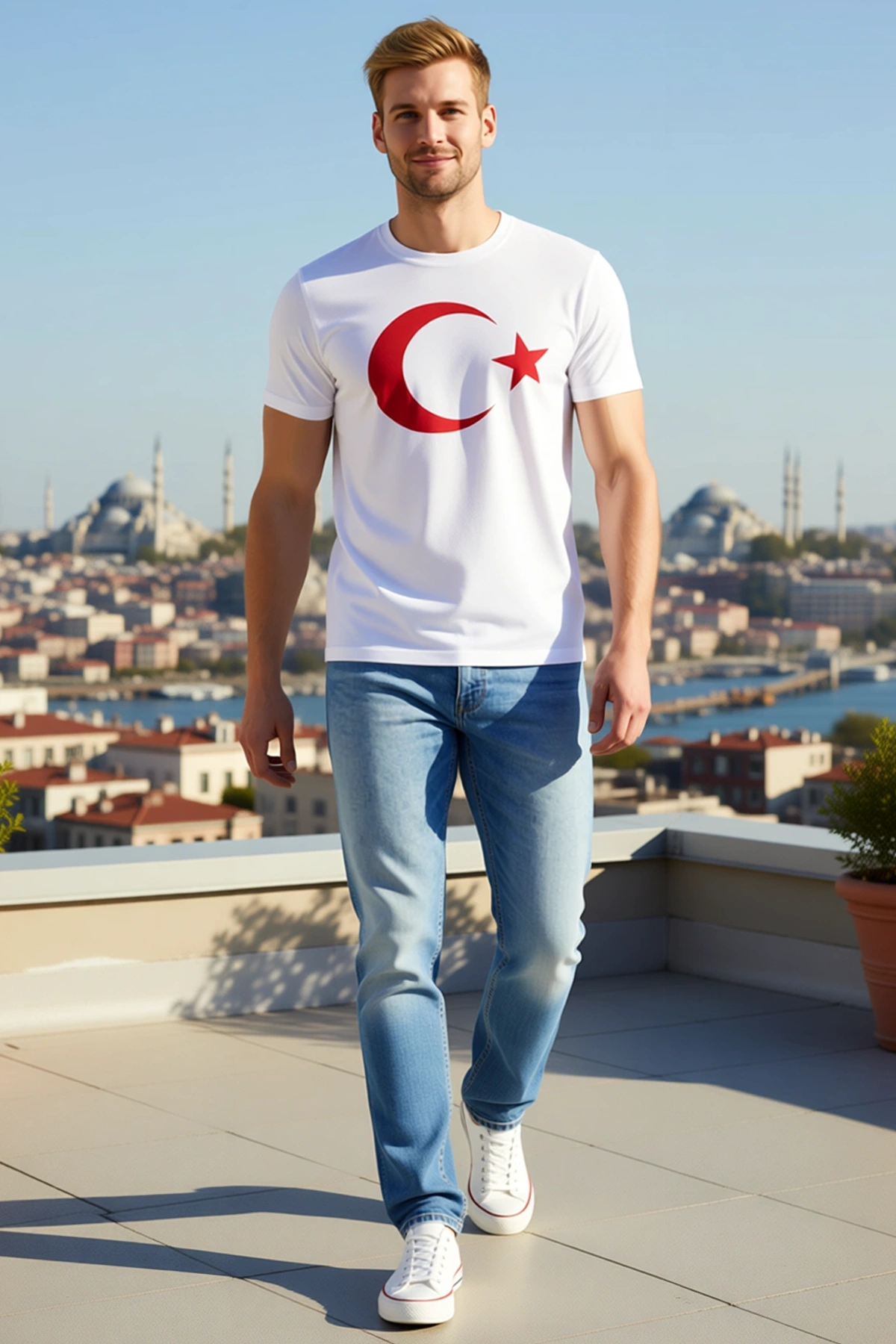 Erkek Bisiklet Yaka Kısa Kollu Ay Yıldız Bayrak Baskılı Tişört Günlük Rahat Kalıp Modern Görünüm