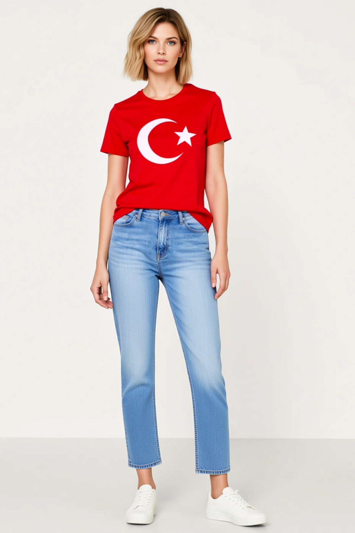Kadın Bisiklet Yaka Kısa Kollu Ay Yıldız Bayrak Baskılı Tişört Günlük Rahat Kesim Modern Görünüm