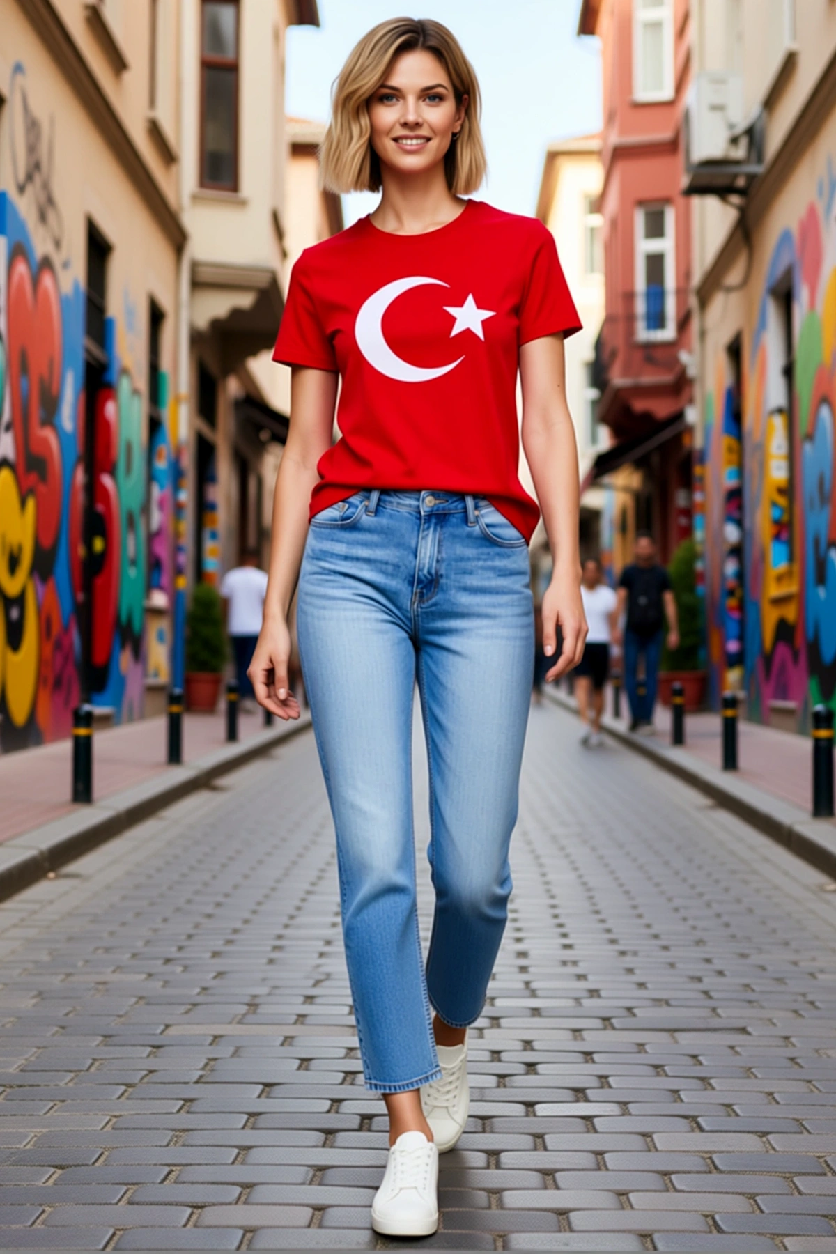 Kadın Bisiklet Yaka Kısa Kollu Ay Yıldız Bayrak Baskılı Tişört Günlük Rahat Kesim Modern Görünüm