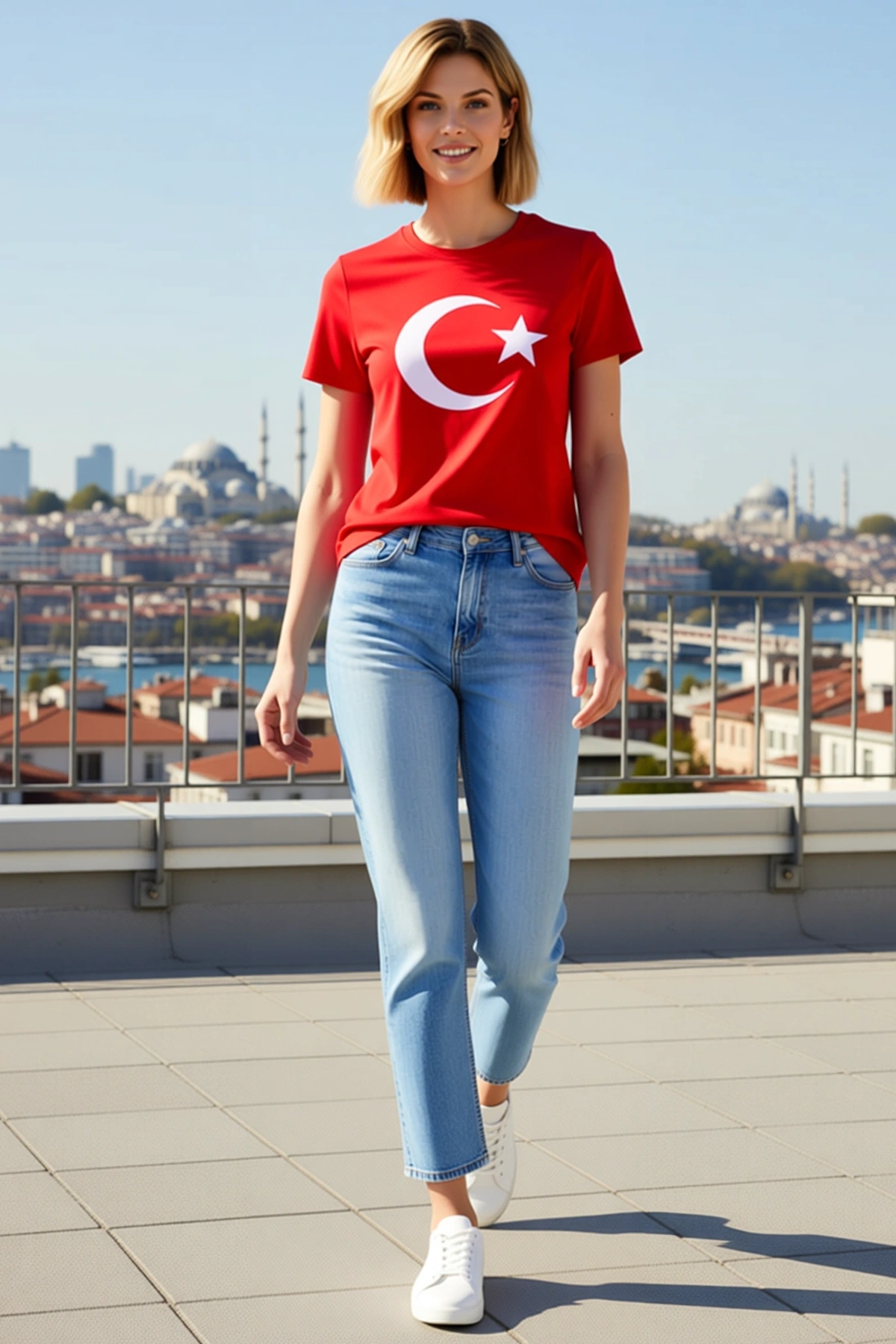Kadın Bisiklet Yaka Kısa Kollu Ay Yıldız Bayrak Baskılı Tişört Günlük Rahat Kesim Modern Görünüm