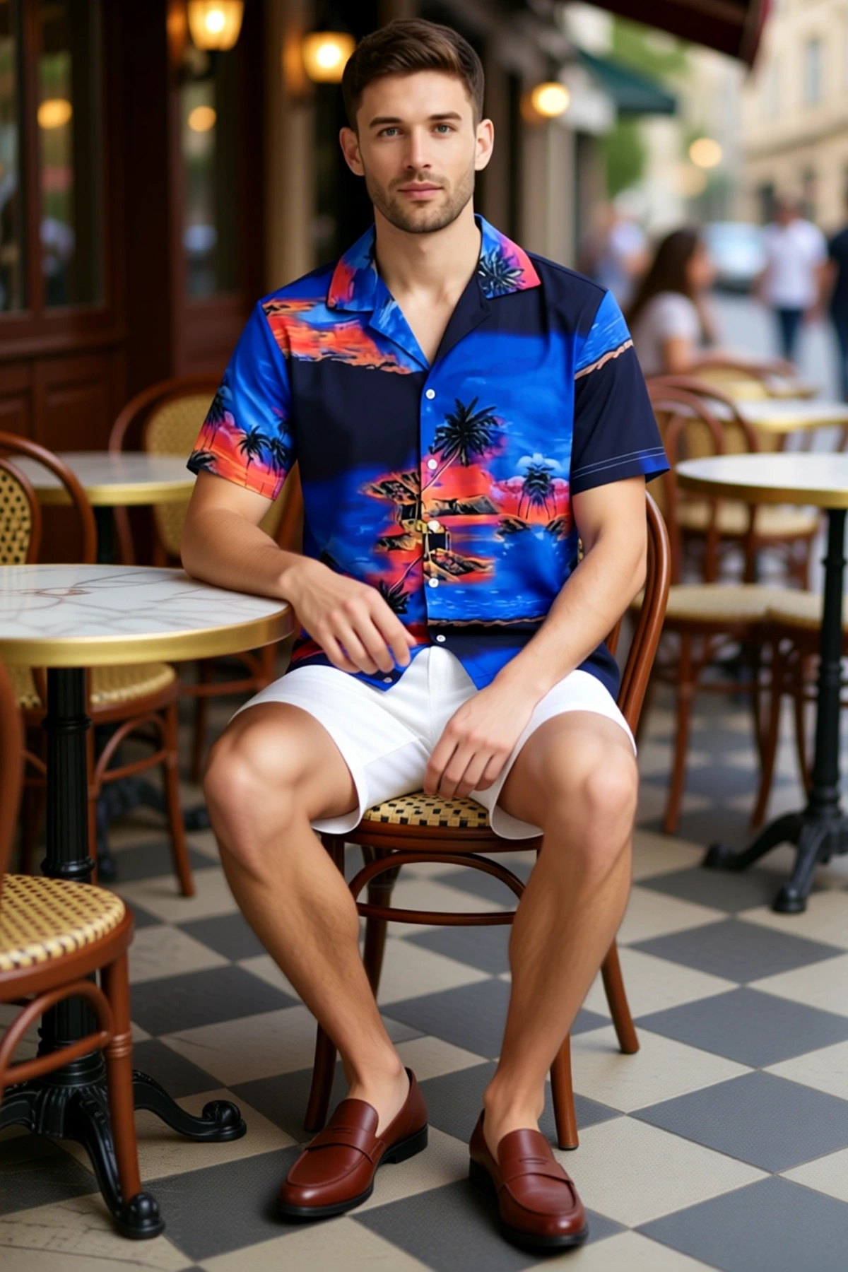 Erkek Tropikal Ada Manzara Desenli Kısa Kollu Hawaii Tarzı Yazlık Gömlek Rahat Kalıp Günlük Stil