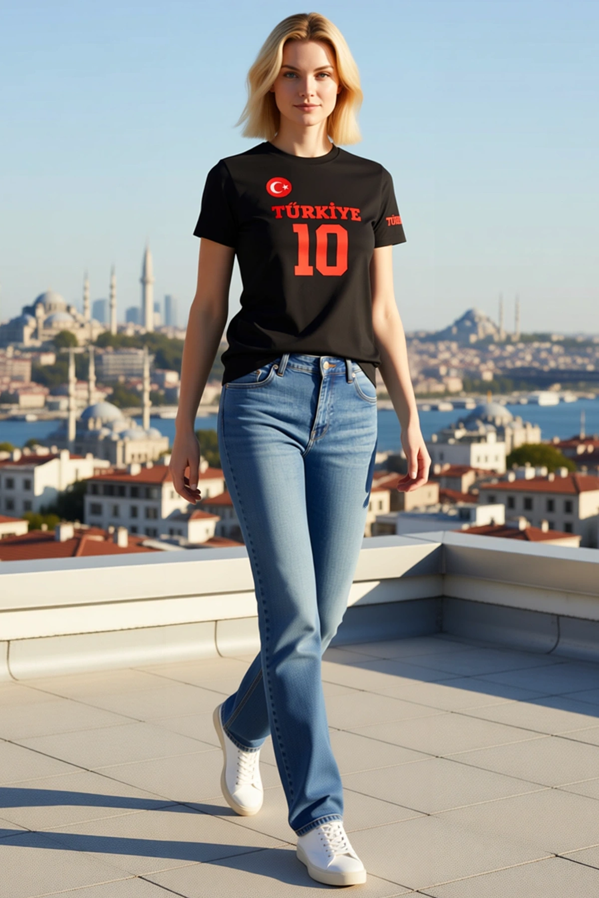 Kadın Türkiye Yazılı Ay Yıldız Logolu Forma Tişört Bisiklet Yaka Kısa Kol Baskılı Taraftar Modeli