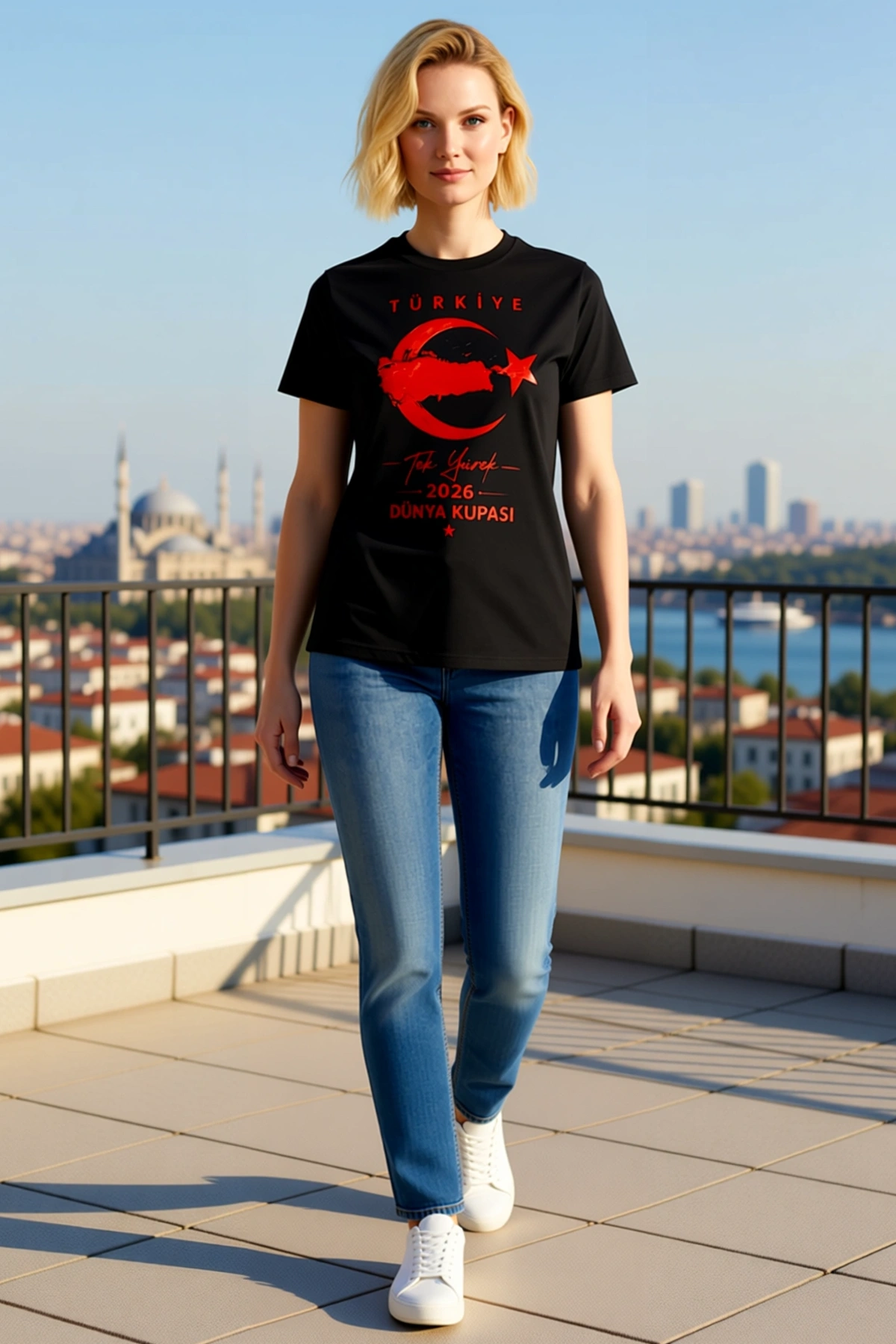 Kadın Tek Yürek Dünya Kupası Baskılı Türkiye Haritalı Ay Yıldız Tişört Bisiklet Yaka Kısa Kollu