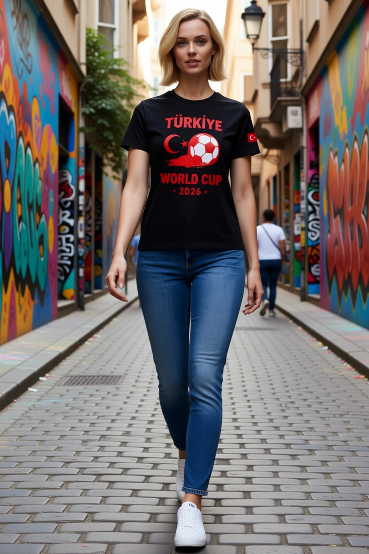 Kadın Futbol Topu Türkiye World Cup Yazılı Ay Yıldız Baskılı Tişört Bisiklet Yaka Kısa Kollu Günlük