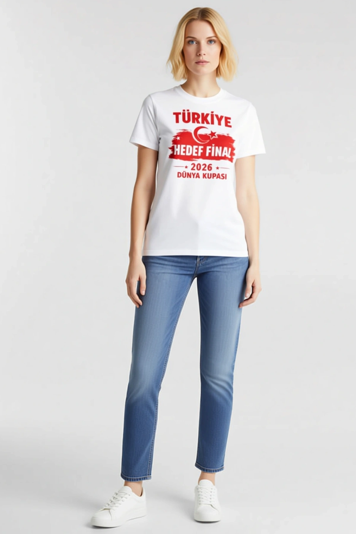 Kadın Türkiye Hedef Final Yazılı Fırça Etkili Ay Yıldız Baskılı Dünya Kupası Tişört Bisiklet Yaka