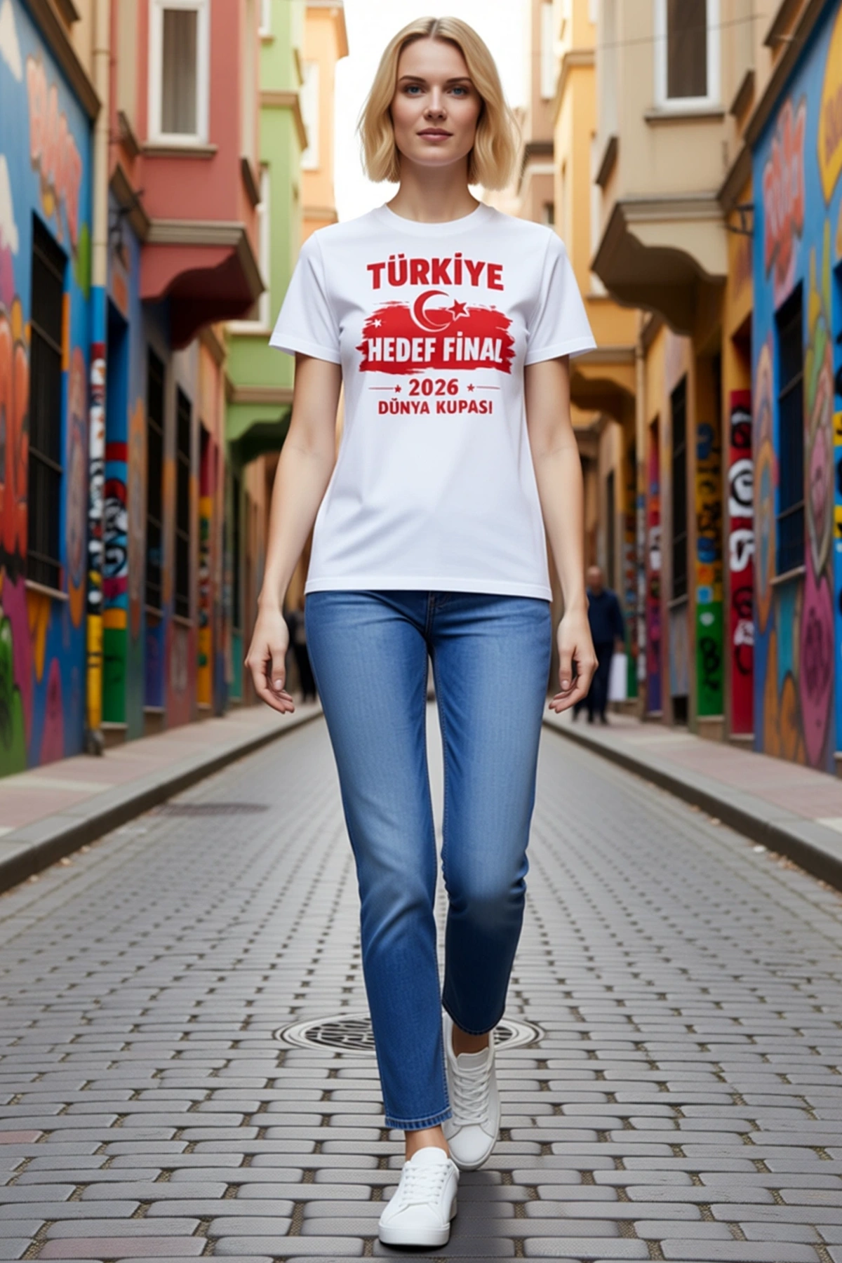 Kadın Türkiye Hedef Final Yazılı Fırça Etkili Ay Yıldız Baskılı Dünya Kupası Tişört Bisiklet Yaka
