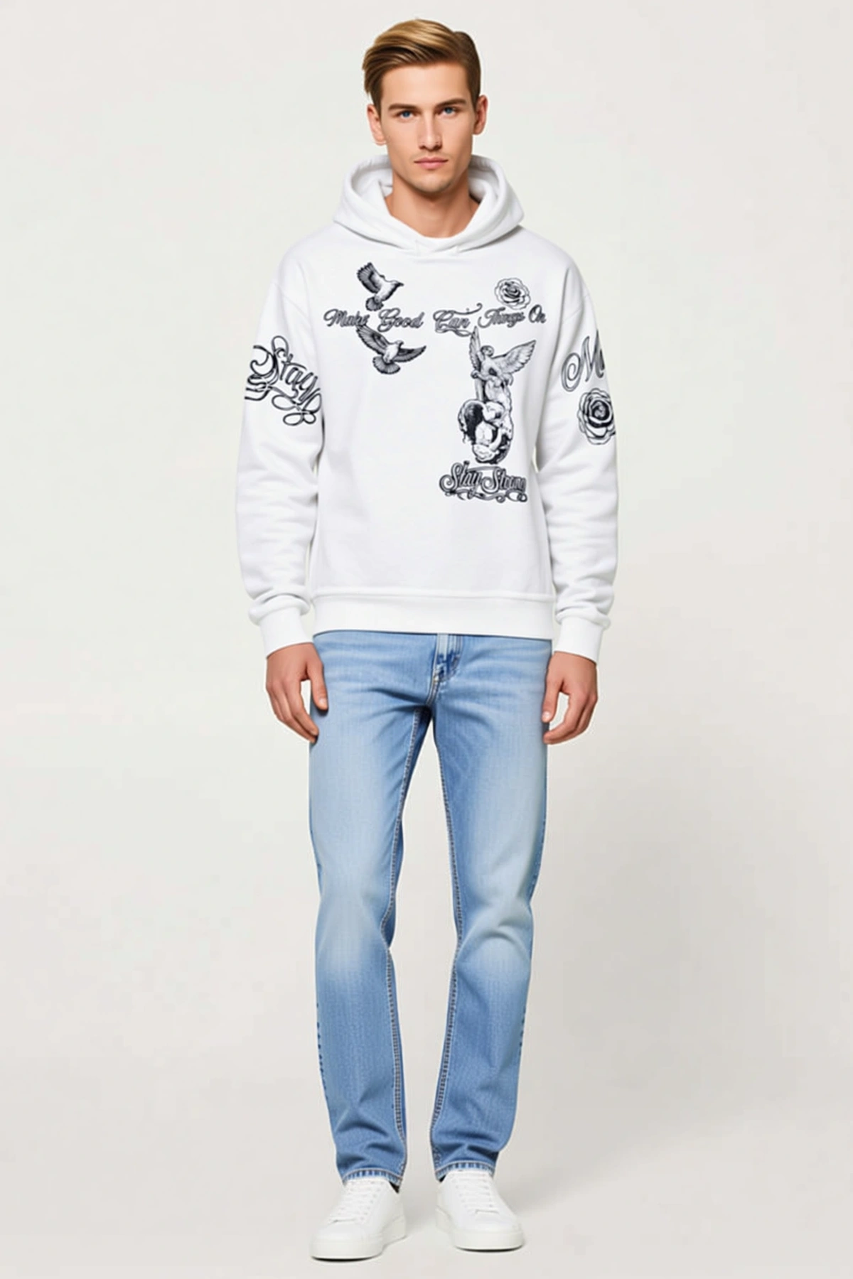 Erkek Üç İplik Pamuklu Kapüşonlu Baskılı Sweatshirt Hoodie Salaş Kalıp Düşük Omuz Günlük Rahat Kesim