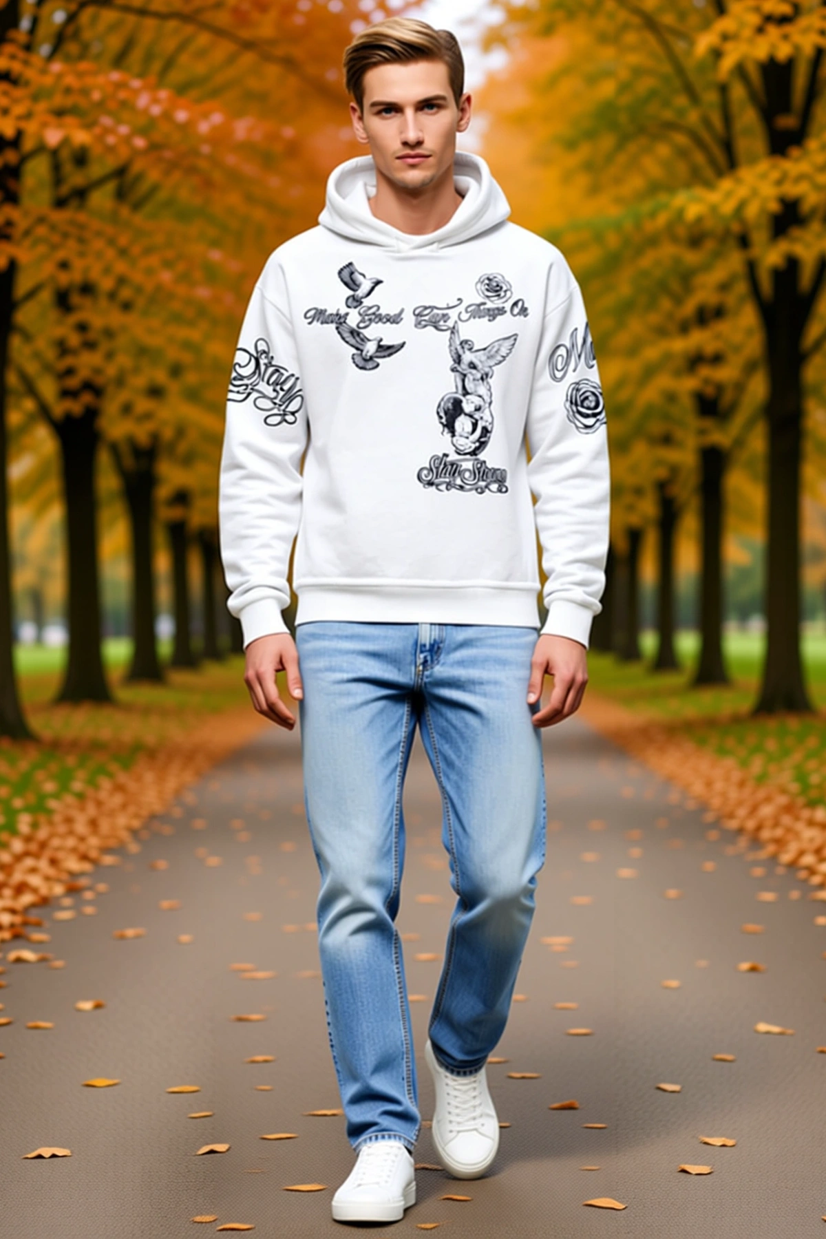 Erkek Üç İplik Pamuklu Kapüşonlu Baskılı Sweatshirt Hoodie Salaş Kalıp Düşük Omuz Günlük Rahat Kesim