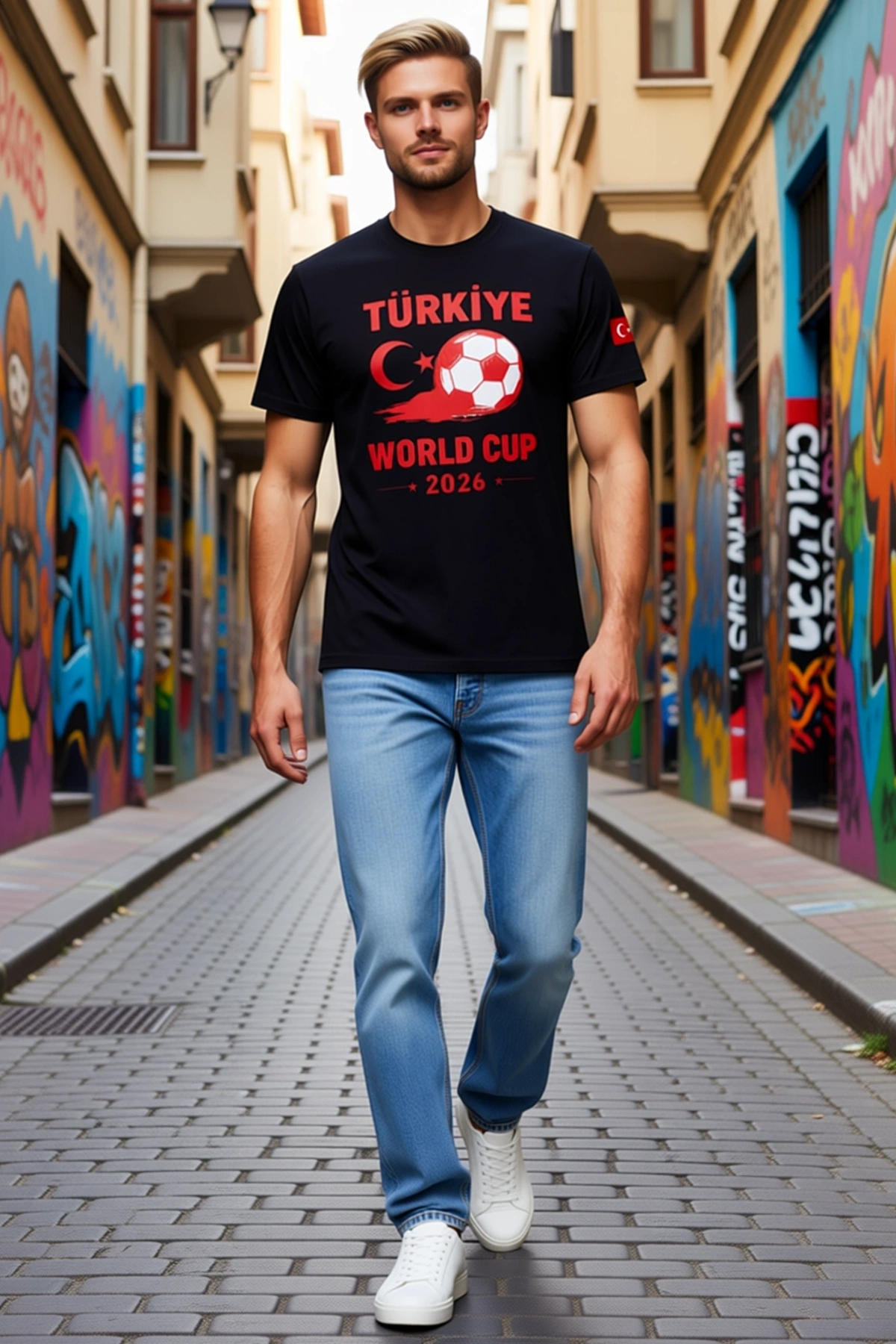 Erkek Türkiye World Cup Futbol Topu Baskılı Taraftar Tişört Kol Bayraklı Bisiklet Yaka Kısa Kollu