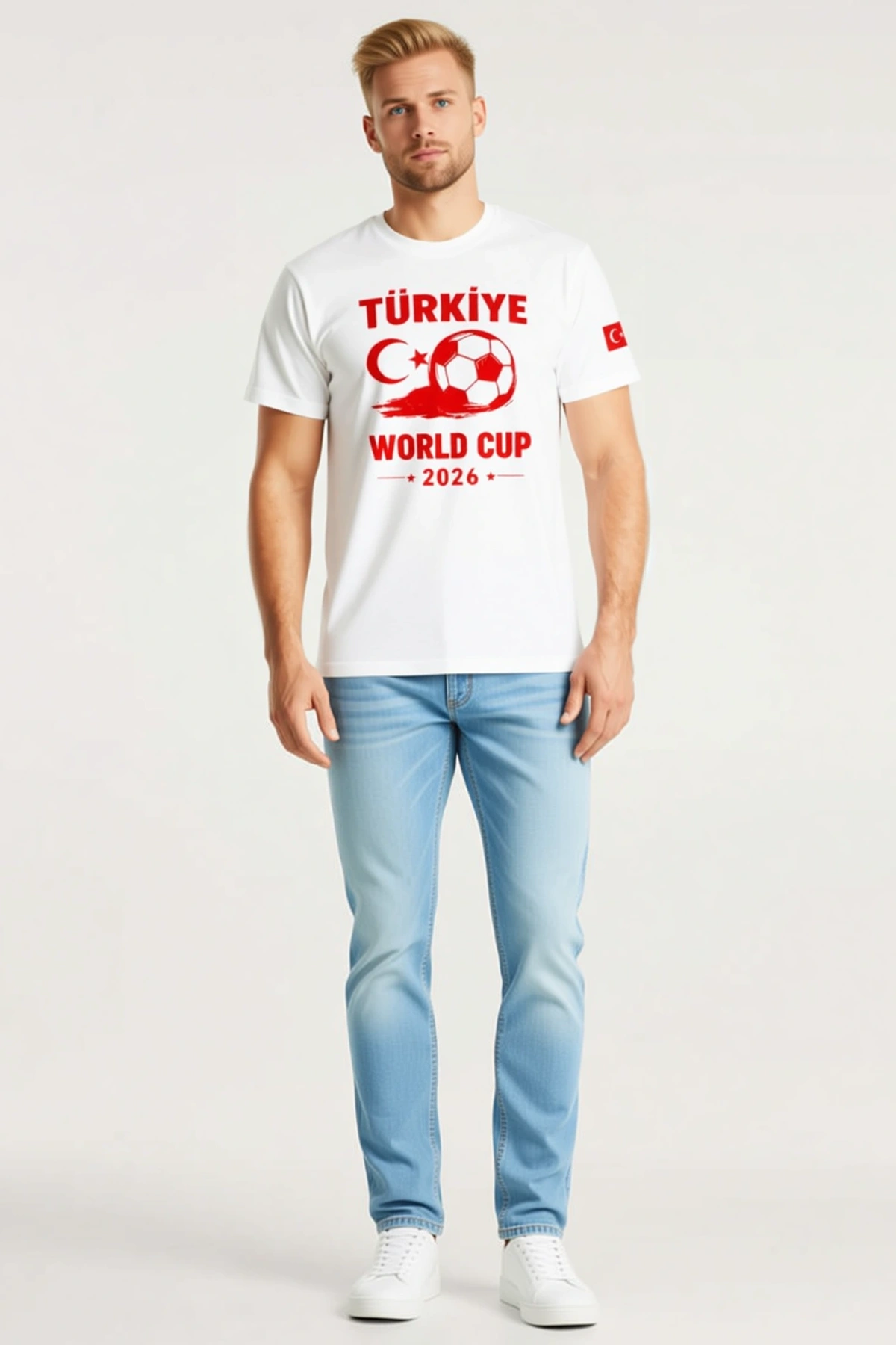 Erkek Futbol Temalı Türkiye Ay Yıldız Topu Baskılı Tişört Koluna Bayrak İşlenmiş Taraftar Kesim