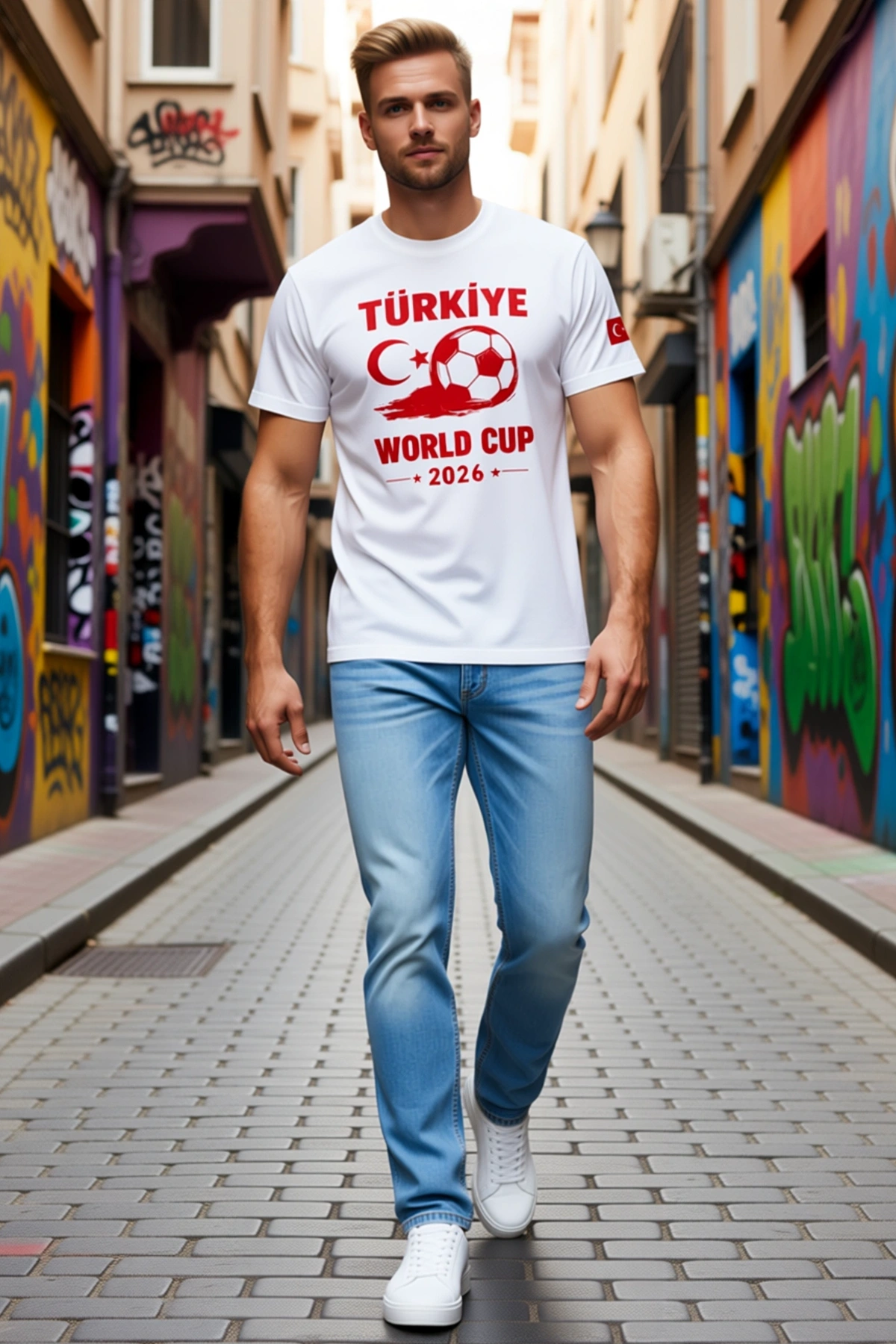 Erkek Futbol Temalı Türkiye Ay Yıldız Topu Baskılı Tişört Koluna Bayrak İşlenmiş Taraftar Kesim