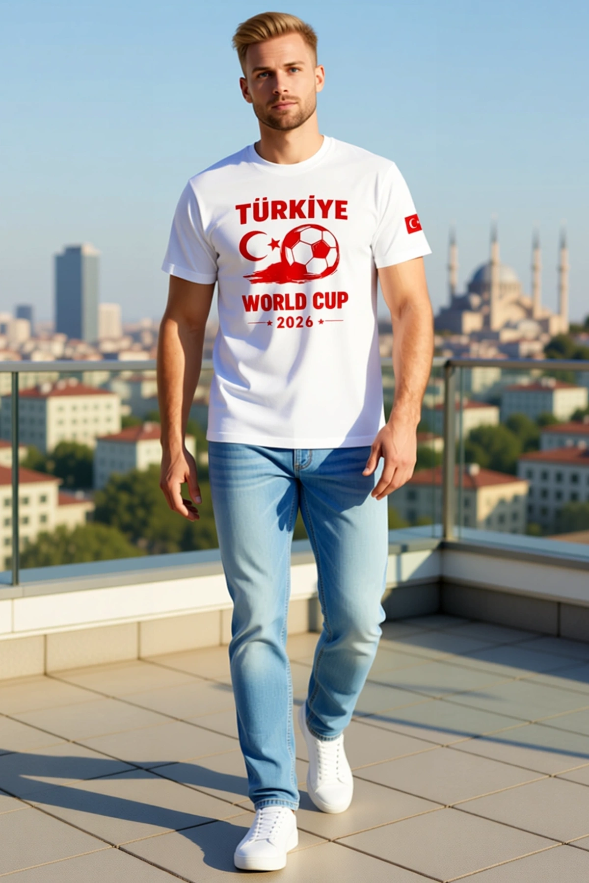 Erkek Futbol Temalı Türkiye Ay Yıldız Topu Baskılı Tişört Koluna Bayrak İşlenmiş Taraftar Kesim