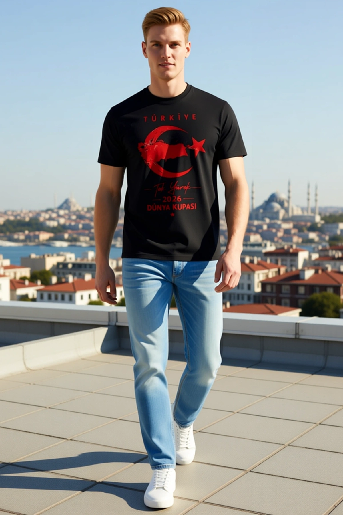 Erkek Türkiye Ay Yıldız Harita Desenli Tek Yürek Yazılı Dünya Kupası Taraftar Tişört Bisiklet Yaka