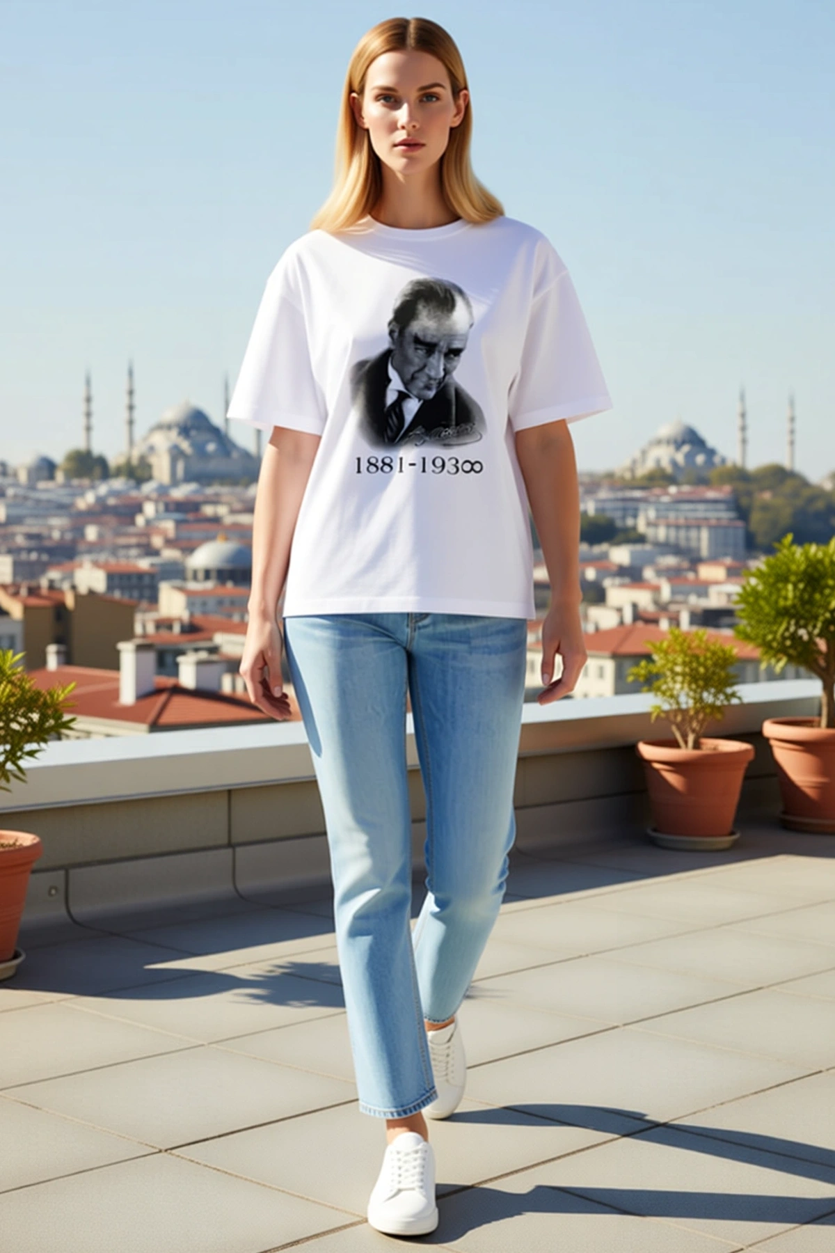 Kadın Atatürk Portreli Fotoğraf Baskılı Kısa Kollu Bisiklet Yaka Tişört Rahat Kalıp Günlük Kullanım