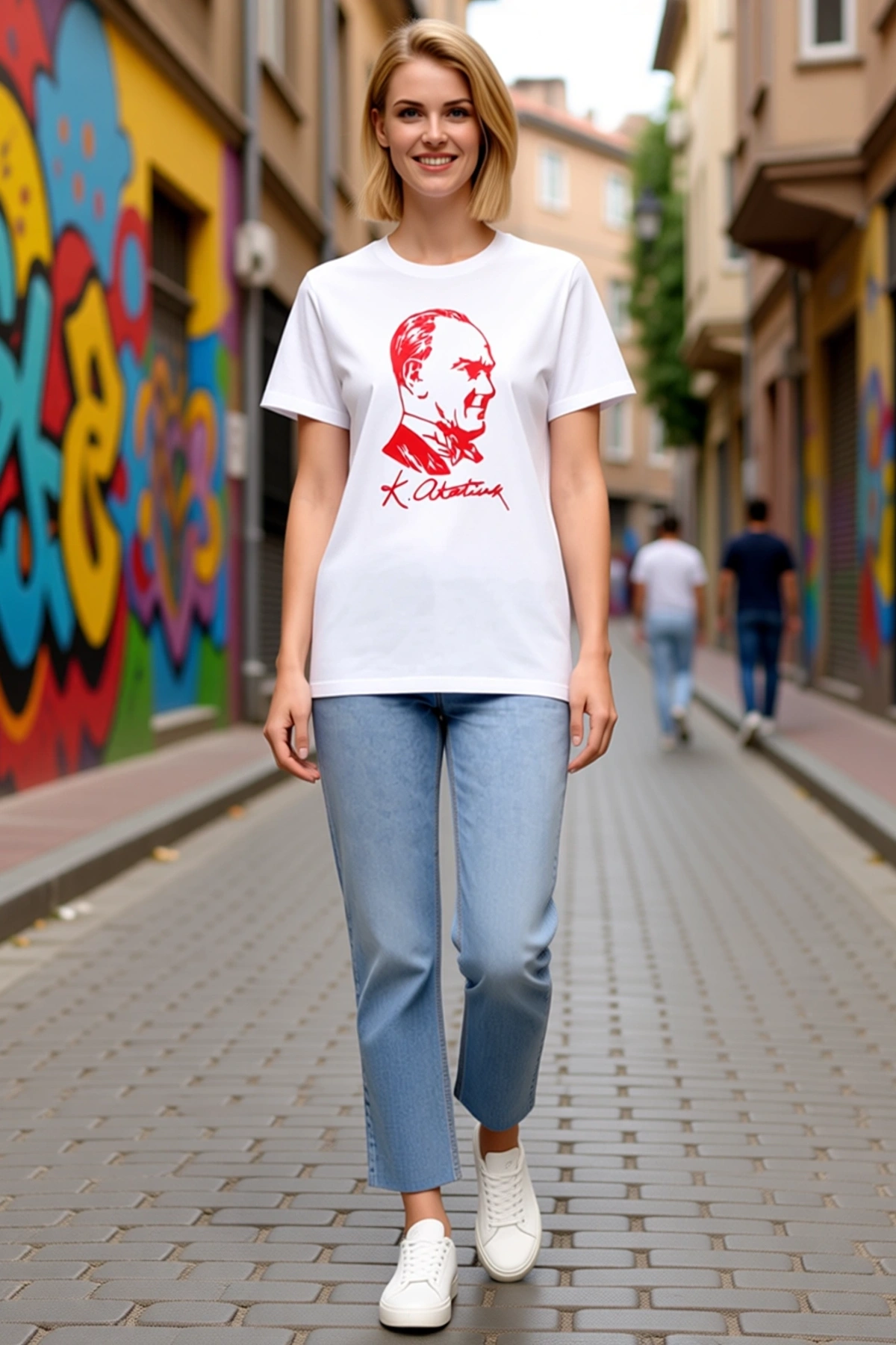 Kadın Atatürk Profil Silüeti İmzalı Baskılı Kısa Kollu Bisiklet Yaka Tişört Düz Kalıp Günlük Anma