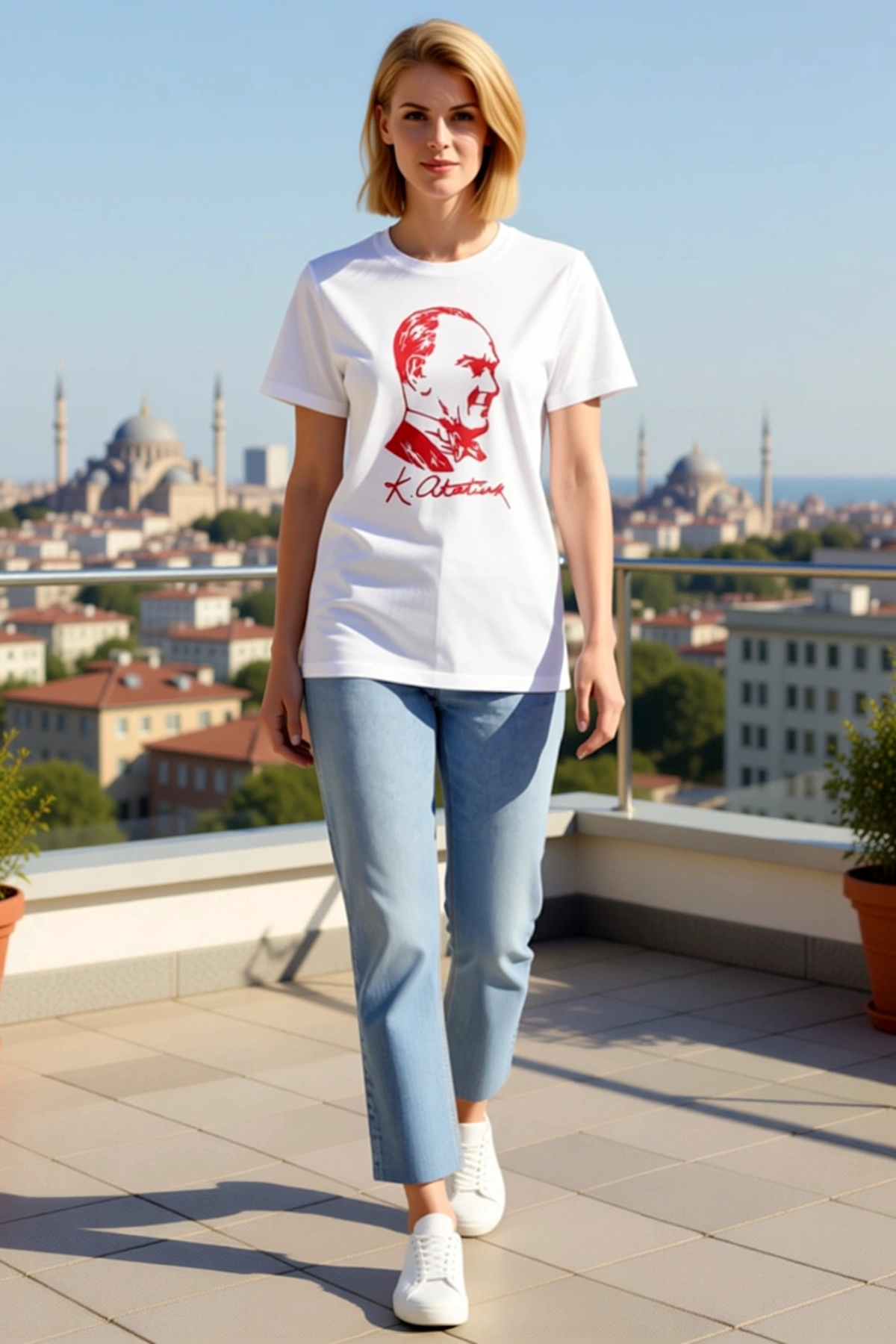 Kadın Atatürk Profil Silüeti İmzalı Baskılı Kısa Kollu Bisiklet Yaka Tişört Düz Kalıp Günlük Anma