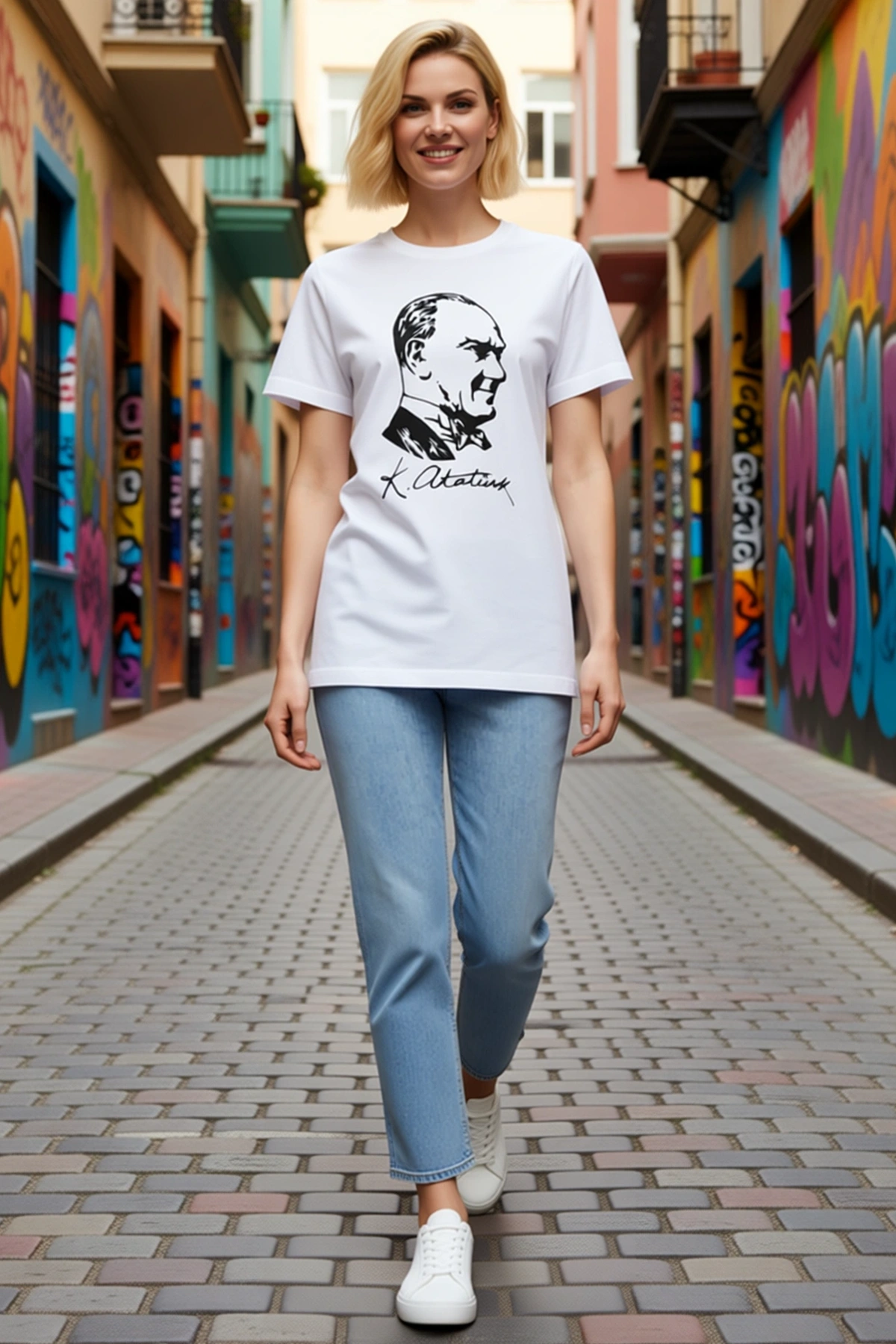 Kadın Atatürk İmzalı Portre Baskılı Kısa Kollu Bisiklet Yaka Tişört Vücuda Oturan Rahat Günlük Kalıp