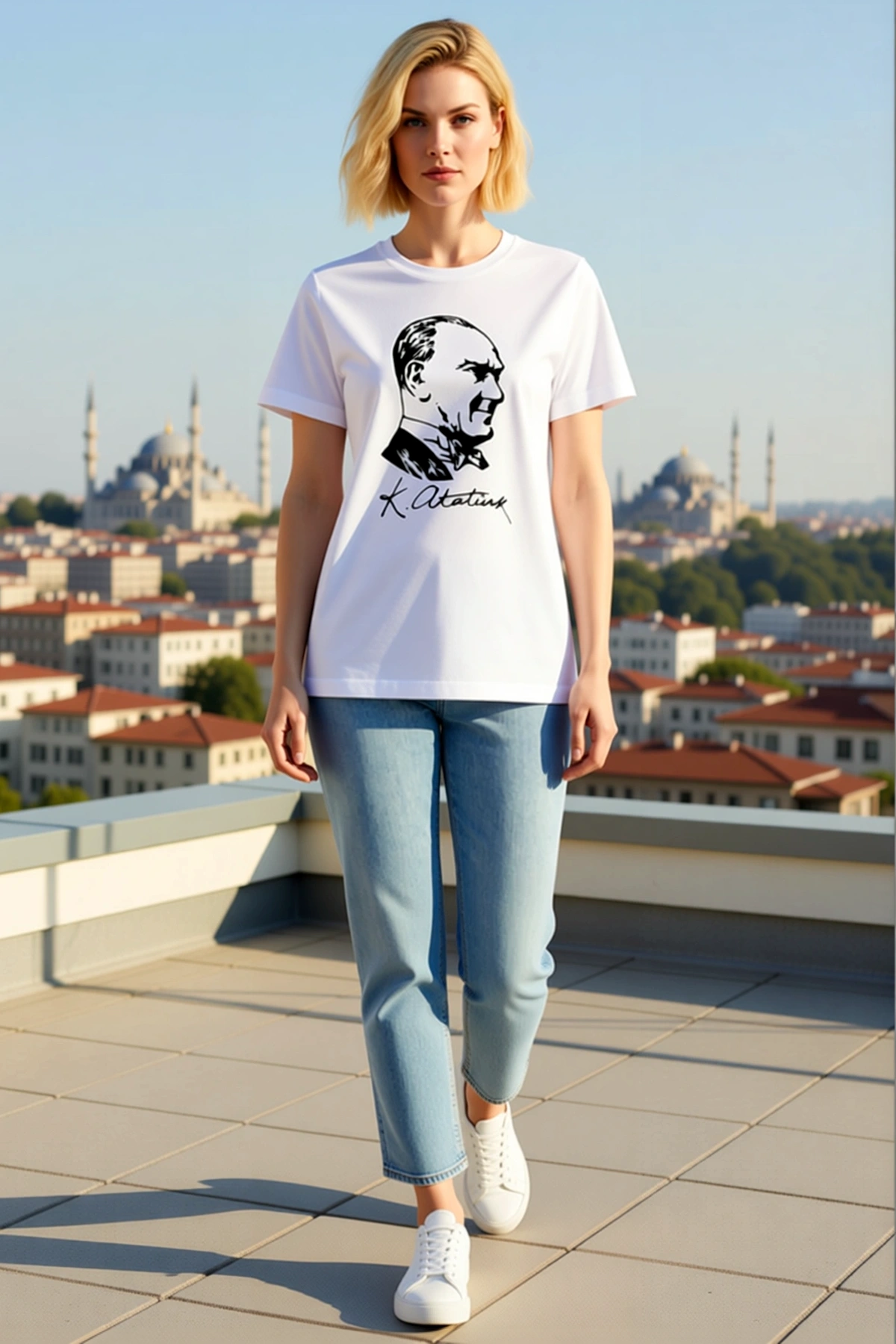 Kadın Atatürk İmzalı Portre Baskılı Kısa Kollu Bisiklet Yaka Tişört Vücuda Oturan Rahat Günlük Kalıp