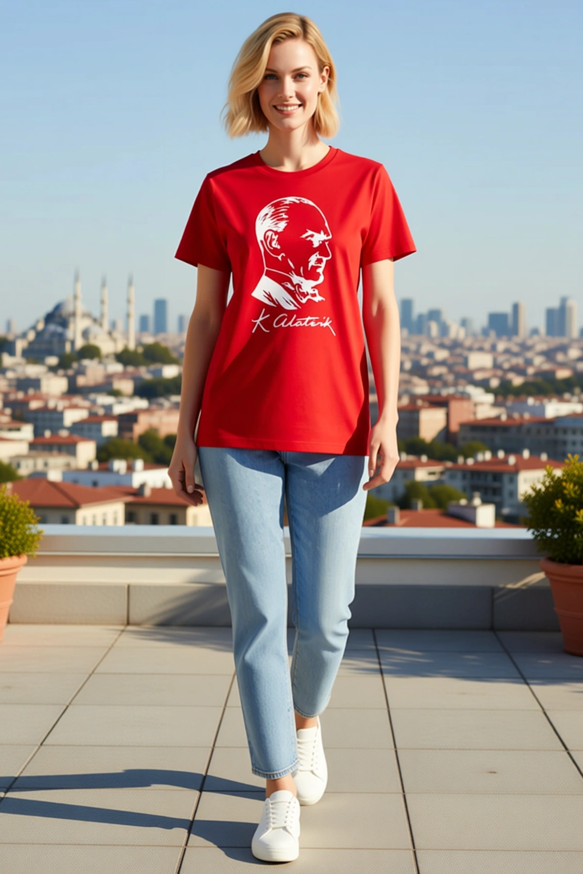 Kadın Atatürk Çizgi Portre Desenli Kısa Kollu Bisiklet Yaka Tişört İmza Detaylı Düz Kesim Günlük