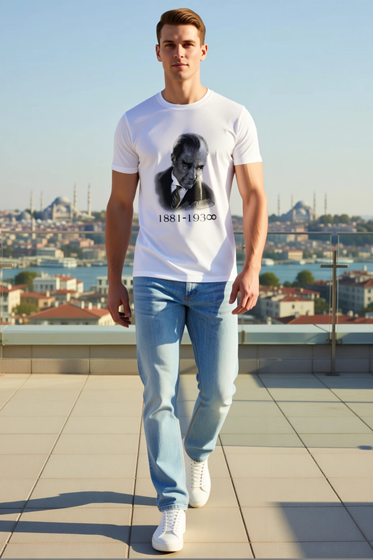 Erkek Atatürk Fotoğraf Portre Baskılı Kısa Kollu Bisiklet Yaka Tişört Tarihli Rahat Kesim Günlük