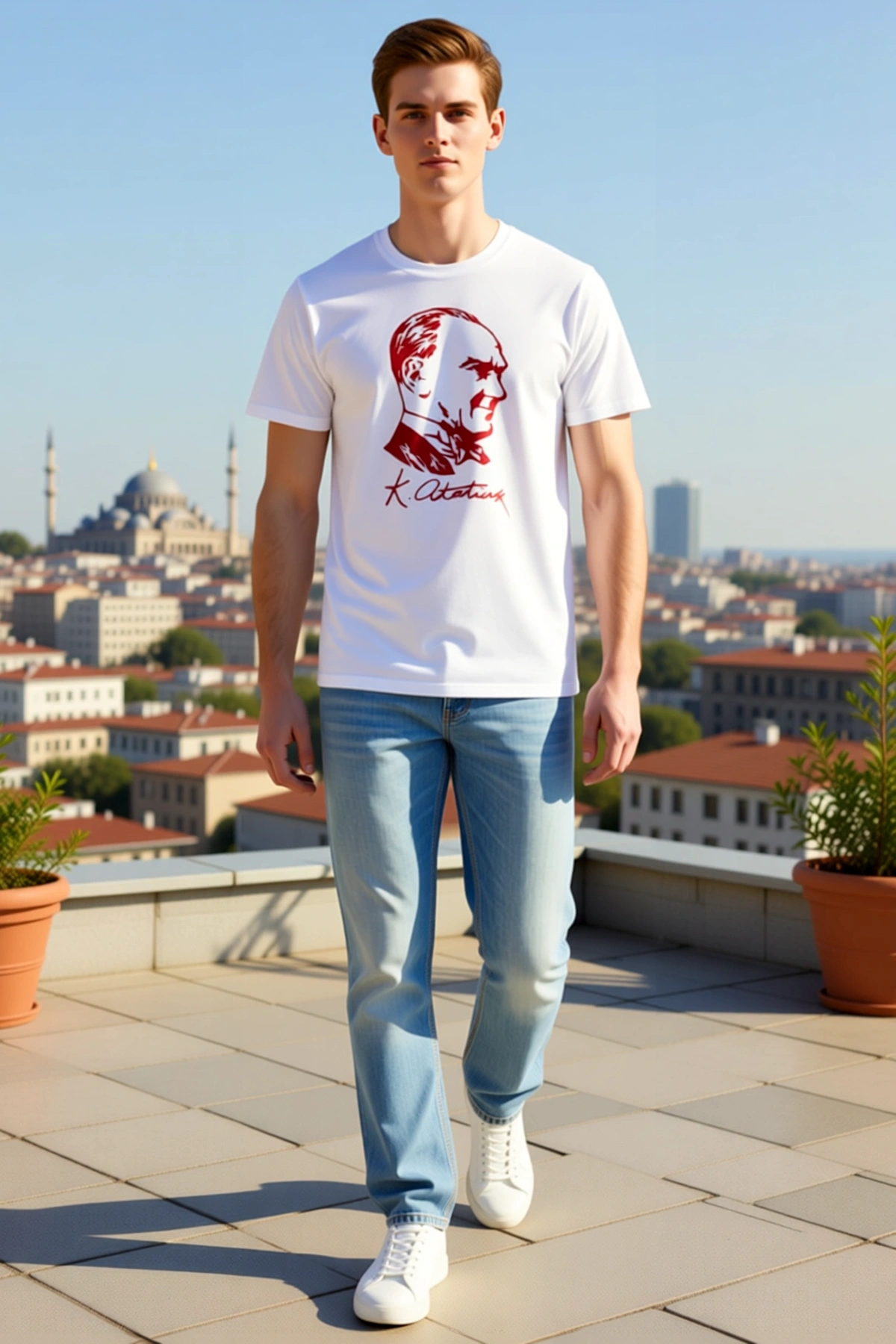 Erkek Atatürk Portre Baskılı Kısa Kollu Bisiklet Yaka Tişört Günlük Rahat Kesim Sade Modern Görünüm