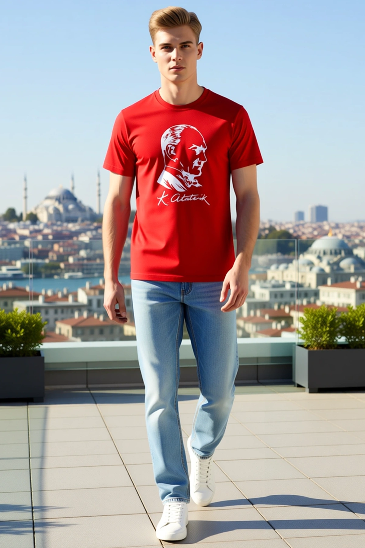 Erkek Atatürk Portre İmzalı Baskılı Tişört Kısa Kollu Bisiklet Yakalı Spor Kesim Rahat Günlük Giyim