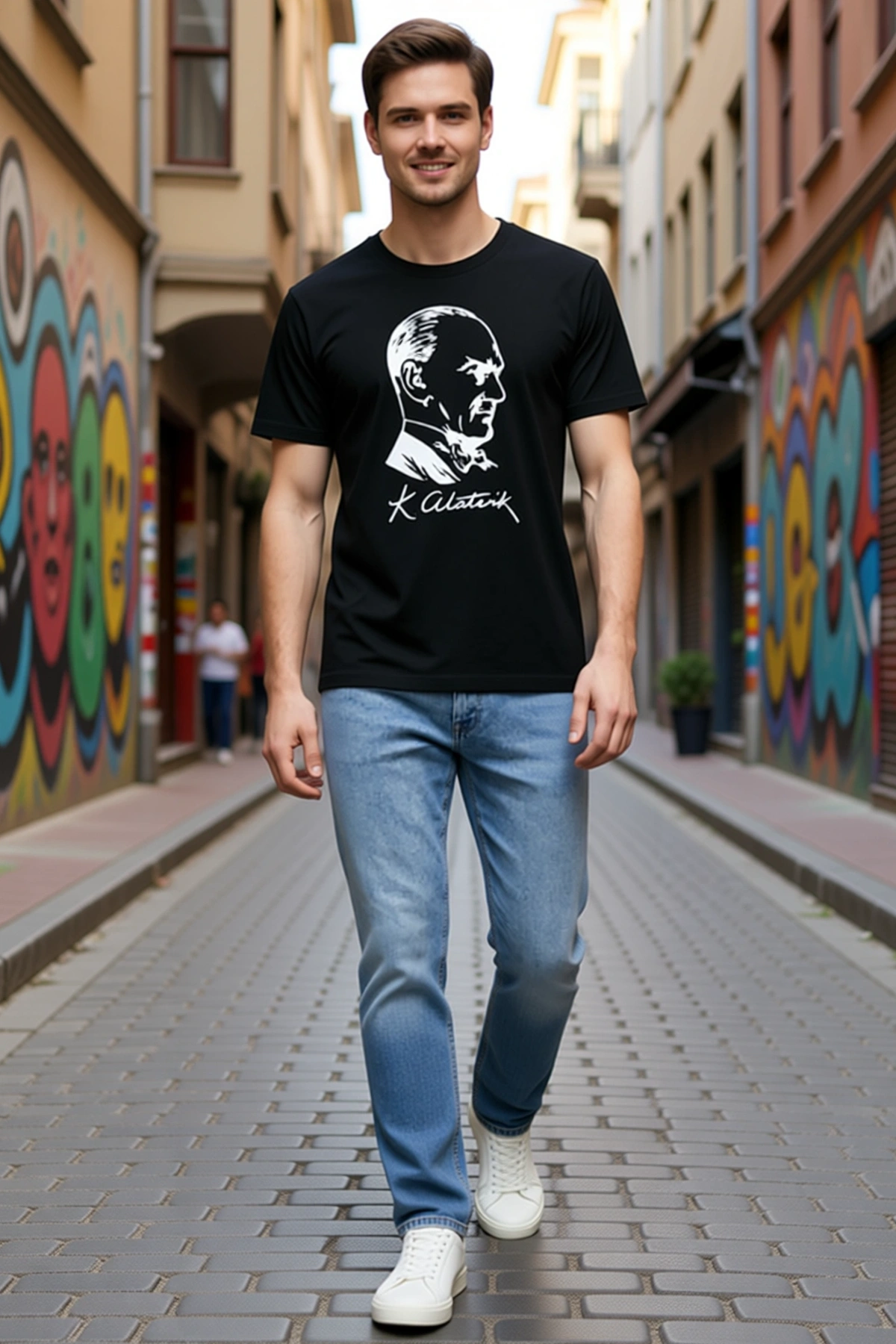 Erkek Atatürk Profil Baskılı Kısa Kollu Bisiklet Yaka Tişört Net Detaylı İmzalı Sade Pratik Model