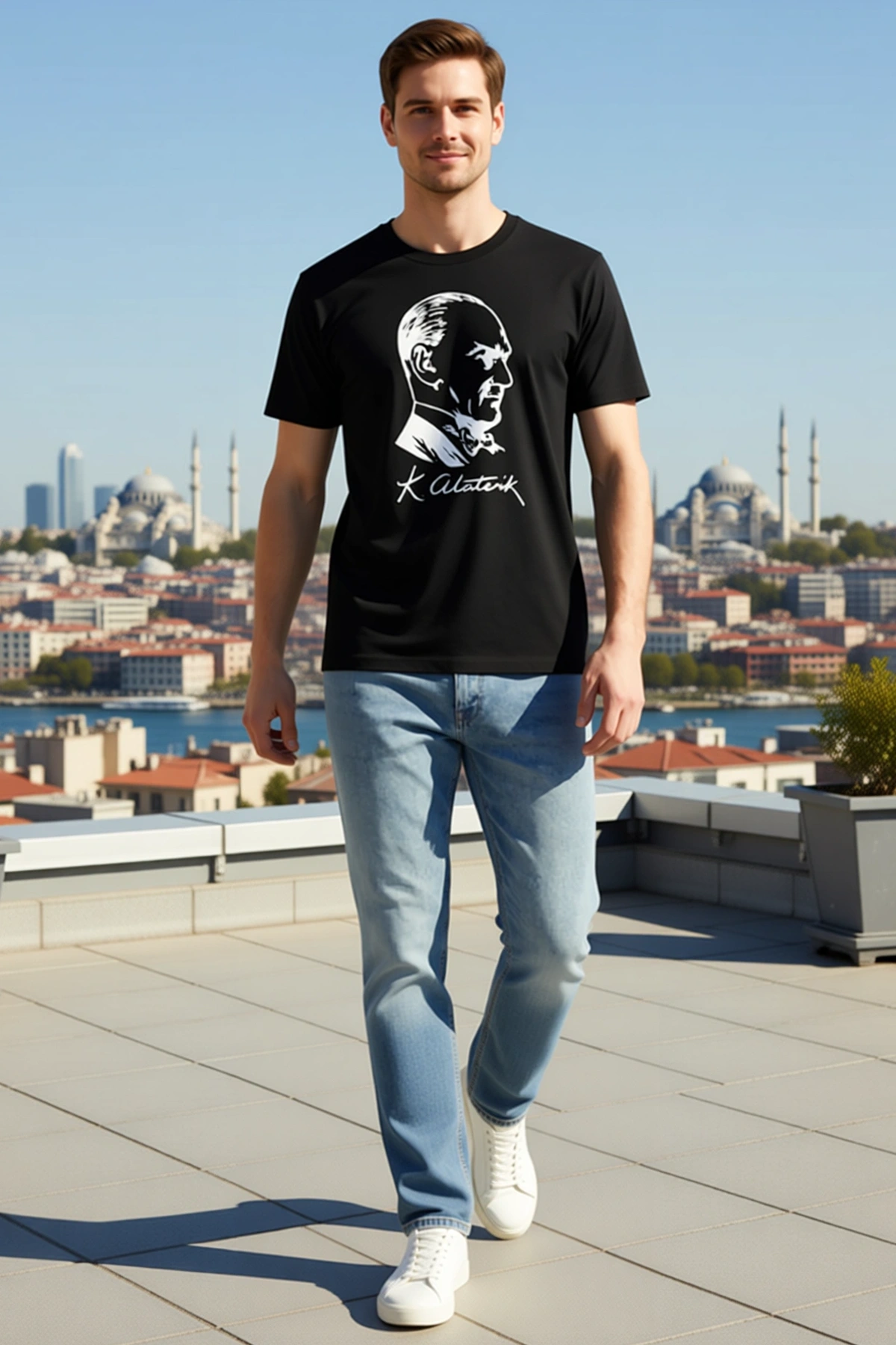 Erkek Atatürk Profil Baskılı Kısa Kollu Bisiklet Yaka Tişört Net Detaylı İmzalı Sade Pratik Model