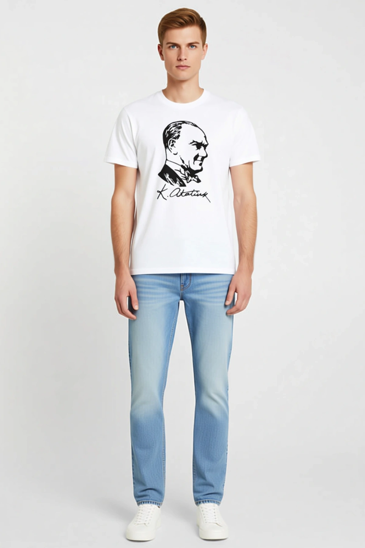 Erkek Atatürk Portreli Sade Çizim Baskılı Kısa Kollu Bisiklet Yaka Tişört Hafif Rahat Hareket Alanı