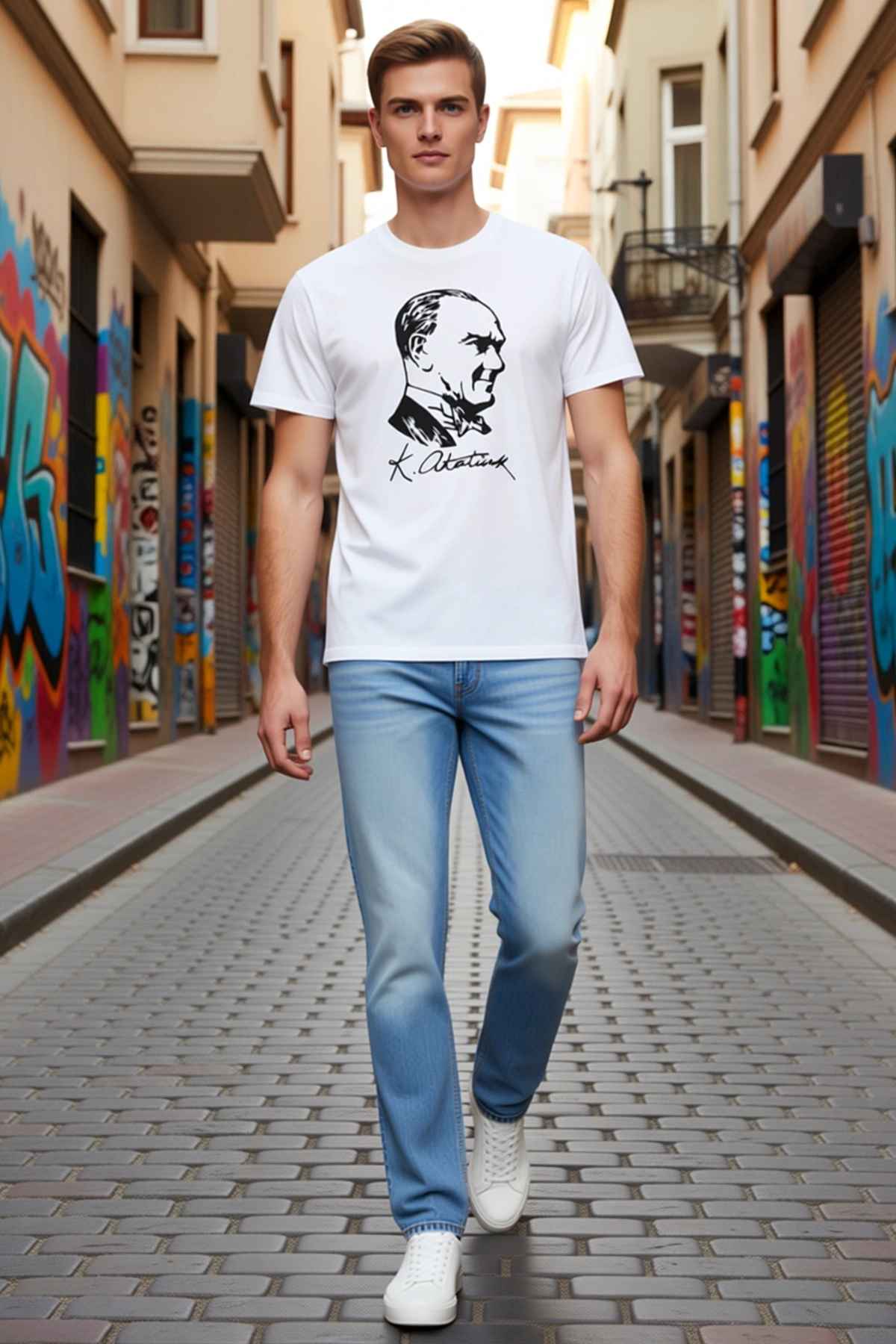 Erkek Atatürk Portreli Sade Çizim Baskılı Kısa Kollu Bisiklet Yaka Tişört Hafif Rahat Hareket Alanı