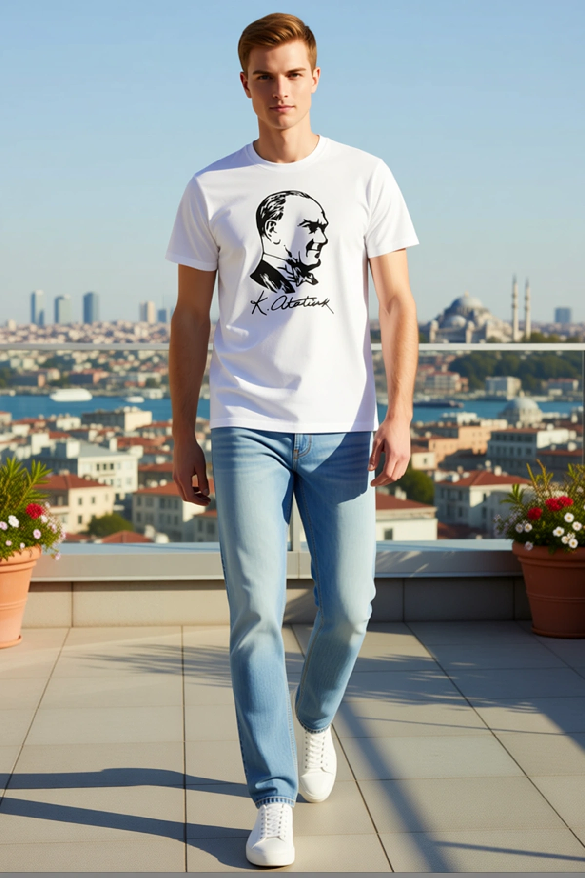 Erkek Atatürk Portreli Sade Çizim Baskılı Kısa Kollu Bisiklet Yaka Tişört Hafif Rahat Hareket Alanı