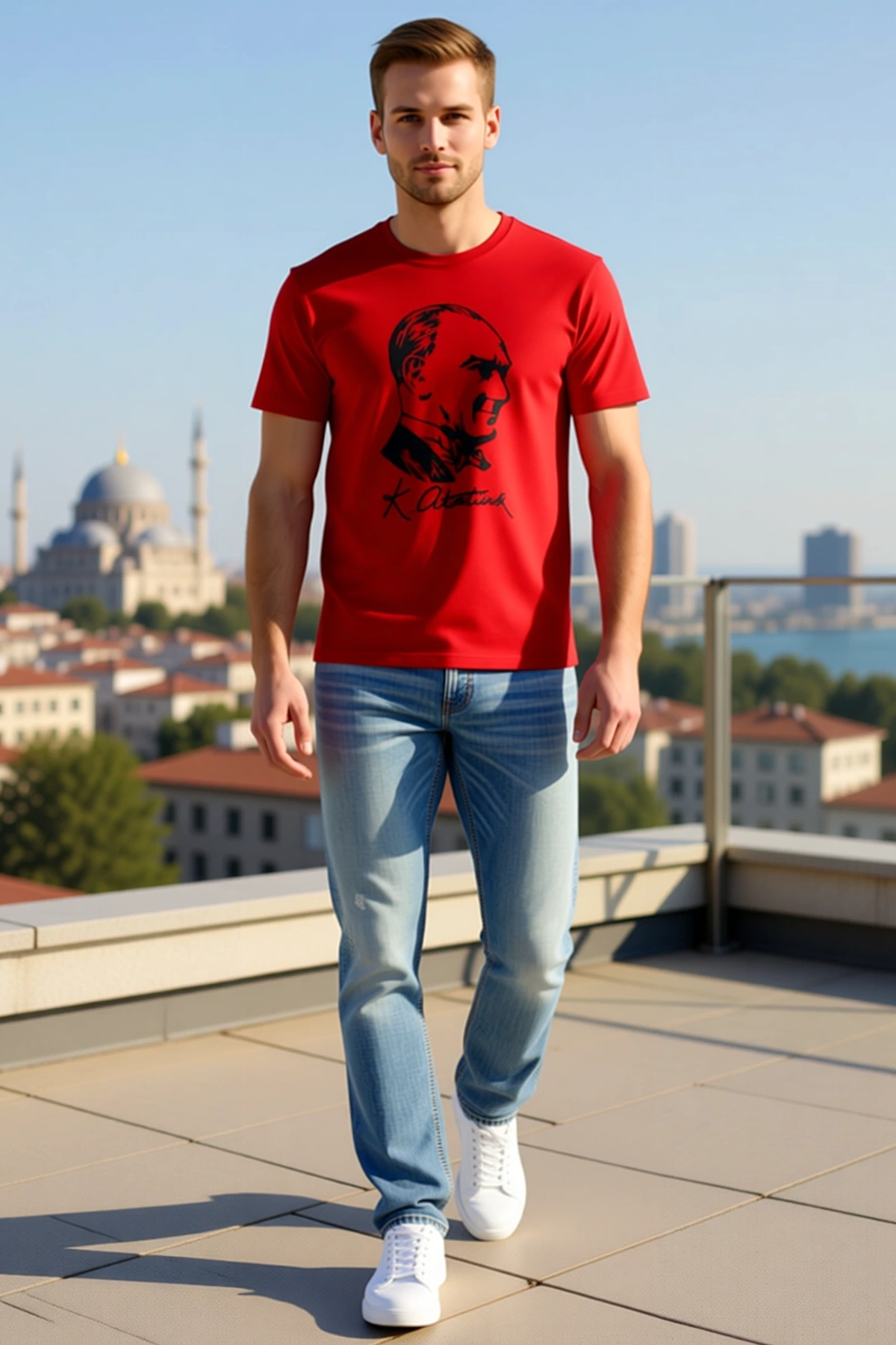 Erkek Atatürk Portre İmzalı Baskılı Kısa Kollu Bisiklet Yaka Tişört Düz Kesim Günlük Konforlu Giyim