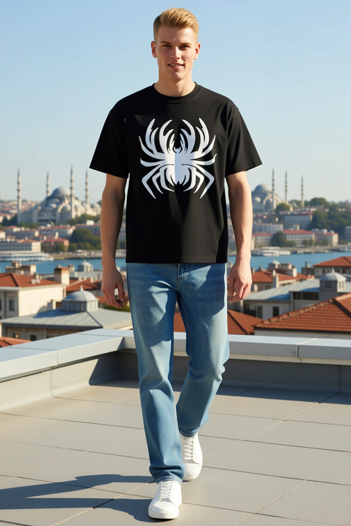 Erkek Örümcek Baskılı Kısa Kollu Bisiklet Yaka Tişört Oversize Geniş Kalıp Günlük Rahat Sokak Giyim