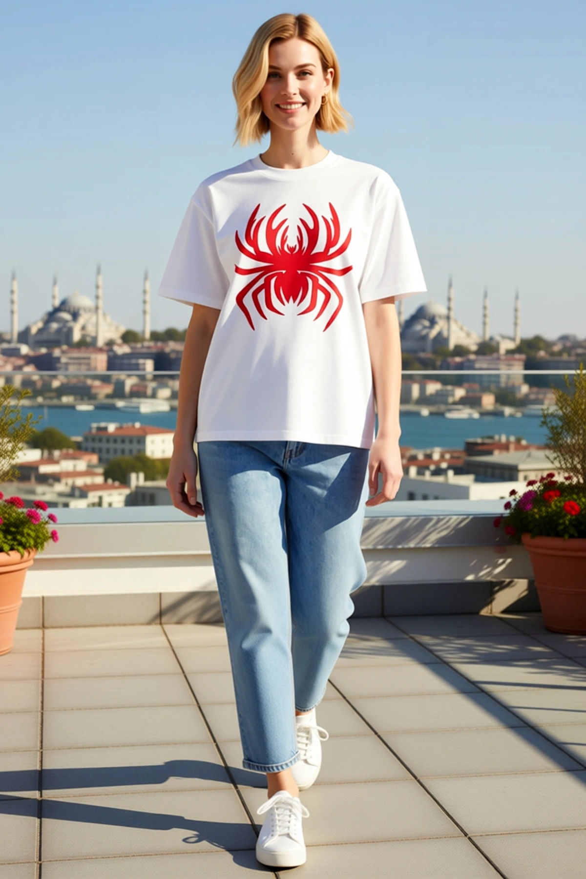 Kadın Örümcek Baskılı Kısa Kollu Bisiklet Yaka Tişört Rahat Kalıp Günlük Kullanıma Uygun Detaylı