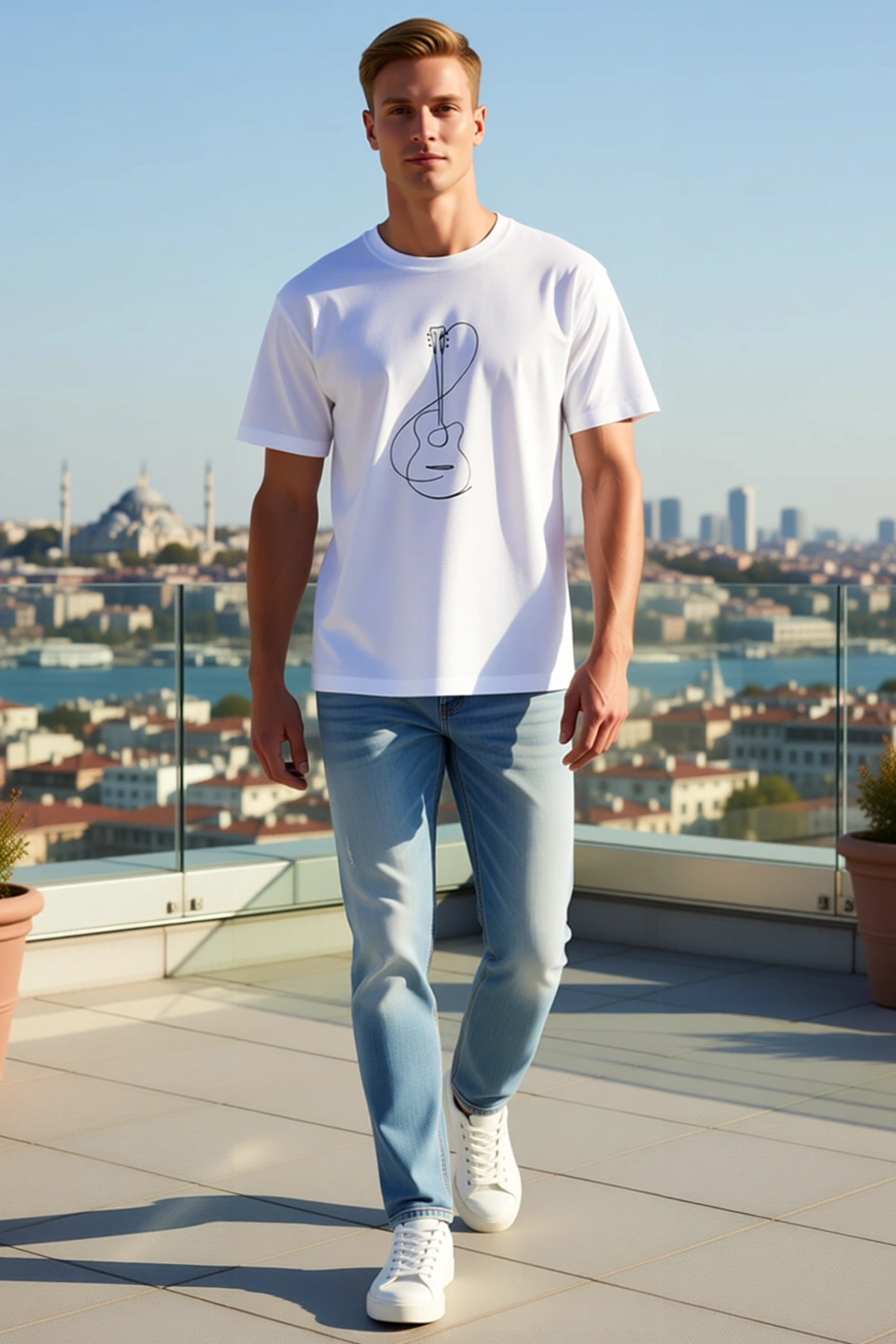 Erkek Minimal Gitar Baskılı Bisiklet Yaka Kısa Kollu Yazlık Tişört Günlük Rahat Kesim Modern Sade